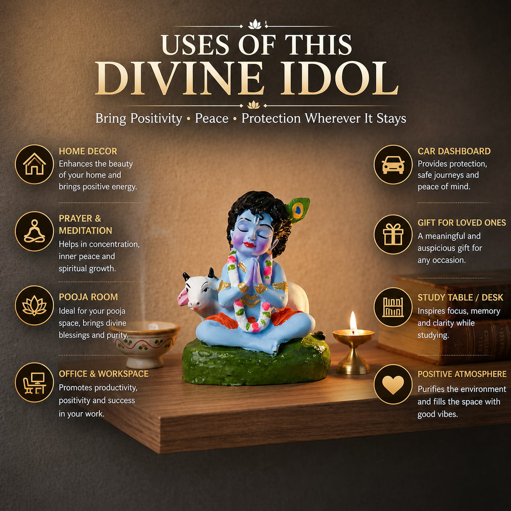 HindCraft Bal Krishna Praying Idol with Cow | Cute Baby Krishna Resin Showpiece for Home Temple, Car Dashboard & Office Décor