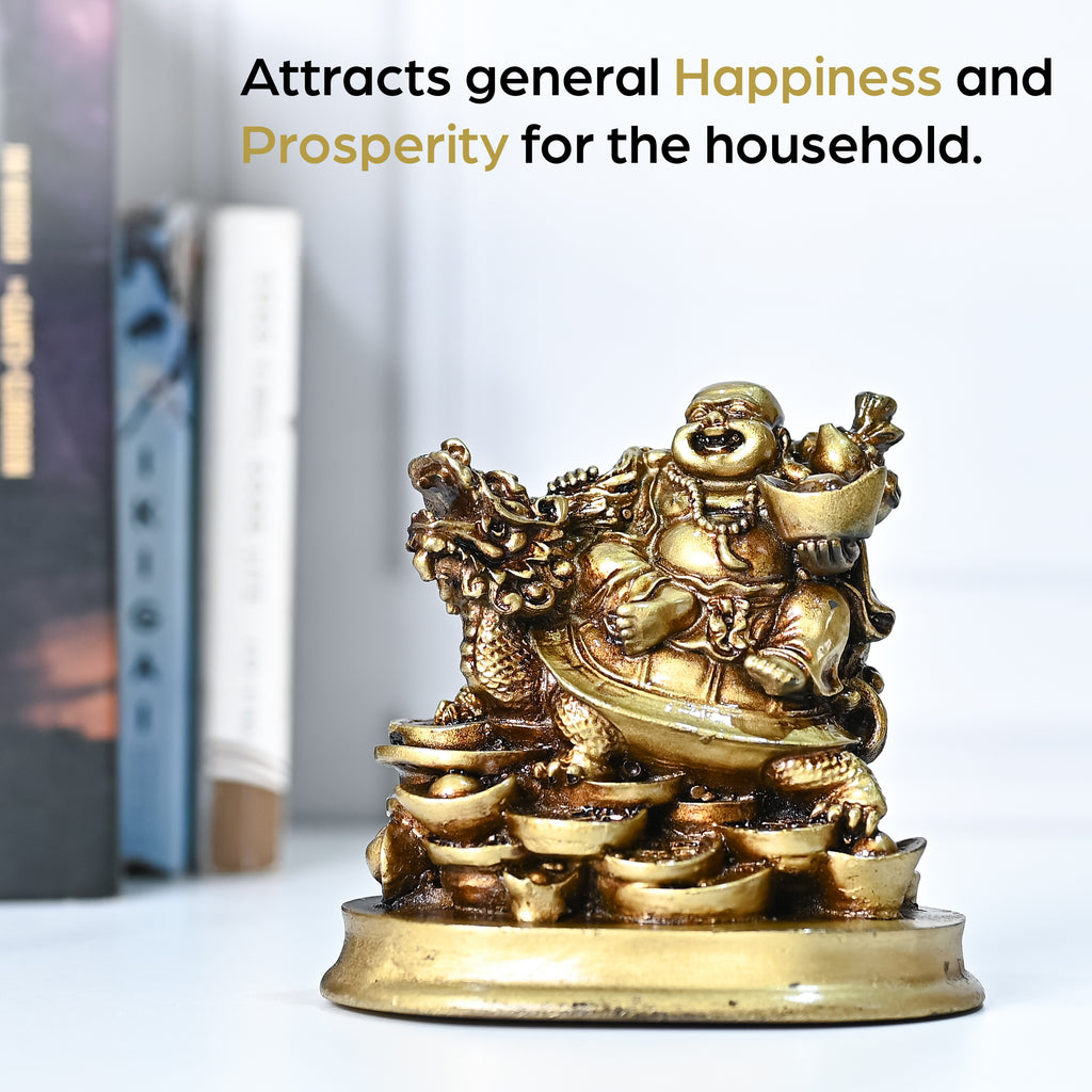 HindCraft Golden Laughing Buddha on Dragon Turtle with Wealth Ingots for Home, Office, Shop & Business Décor