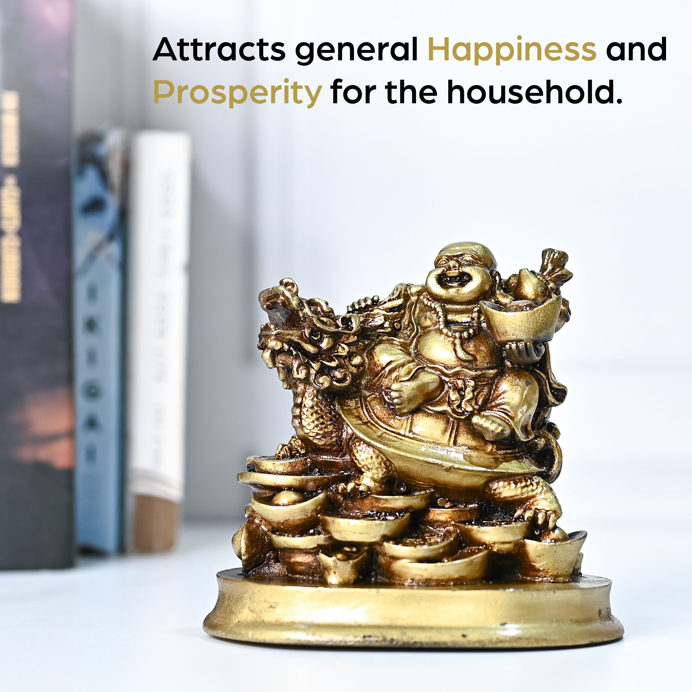 HindCraft Golden Laughing Buddha on Dragon Turtle with Wealth Ingots for Home, Office, Shop & Business Décor