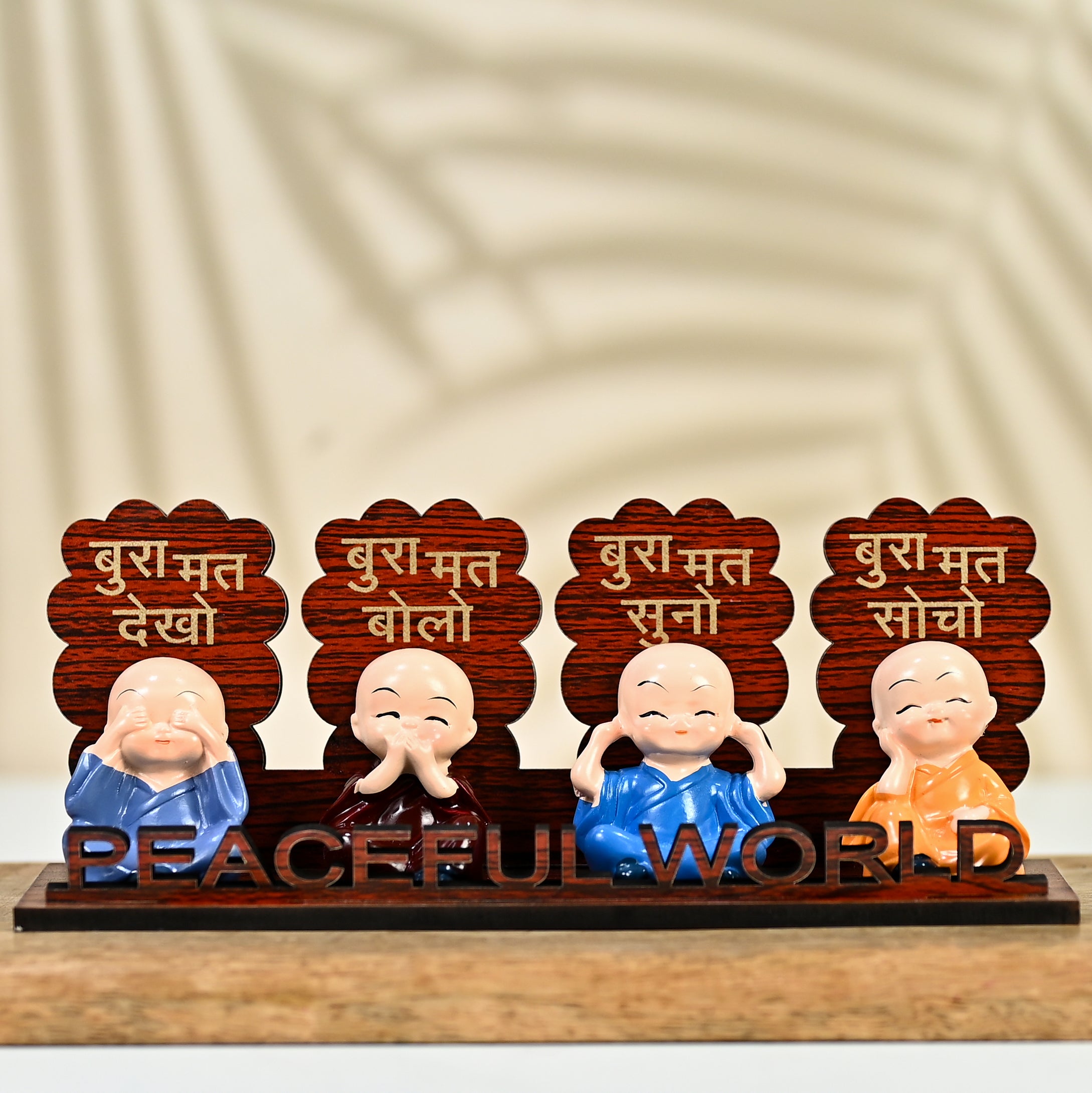 HindCraft Peaceful World Four Monk Showpiece with Hindi Quotes for Home Décor