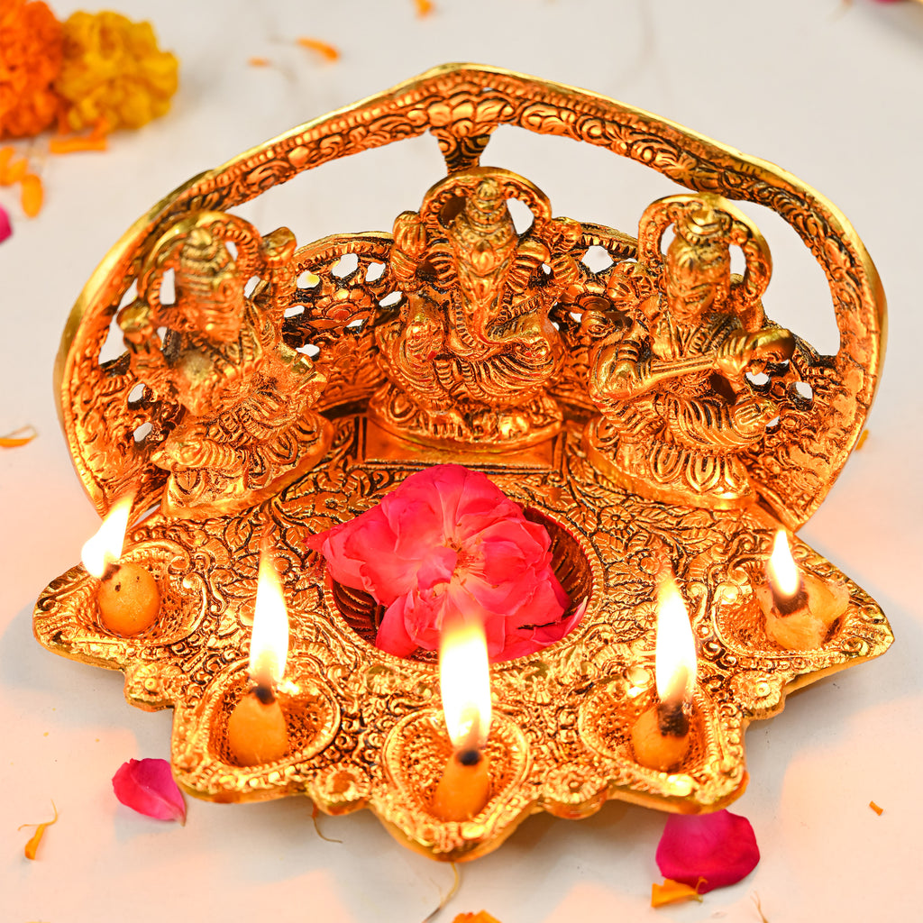HindCraft Metal Laxmi Ganesh Saraswati Idol with 5 Diyas for Puja & Home Décor