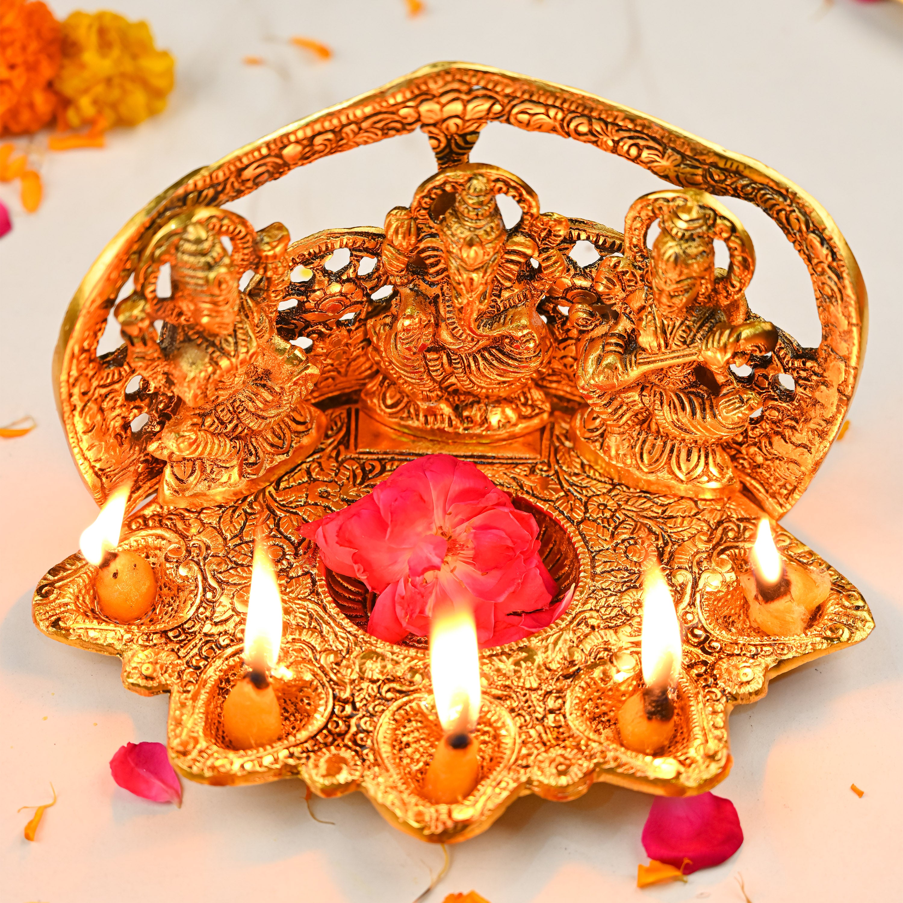 HindCraft Metal Laxmi Ganesh Saraswati Idol with 5 Diyas for Puja & Home Décor