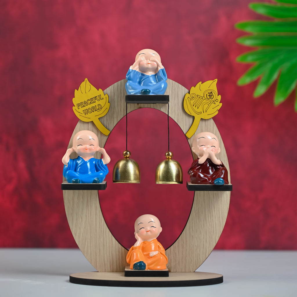 HindCraft 4 Monk Bell Tabletop Showpiece with Wooden Stand, Twin Hanging Bells for Home, Office & Spiritual Décor