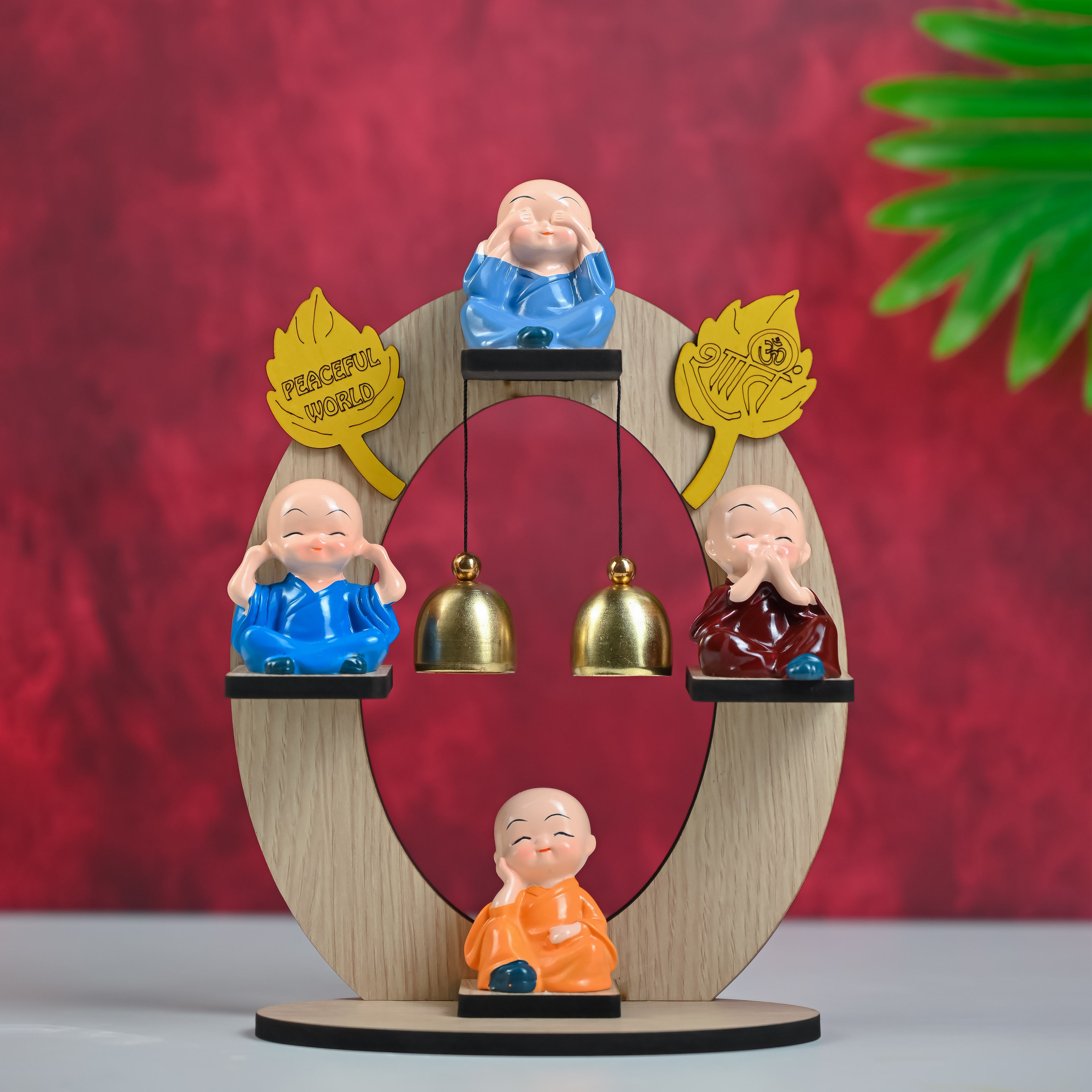HindCraft 4 Monk Bell Tabletop Showpiece with Wooden Stand, Twin Hanging Bells for Home, Office & Spiritual Décor