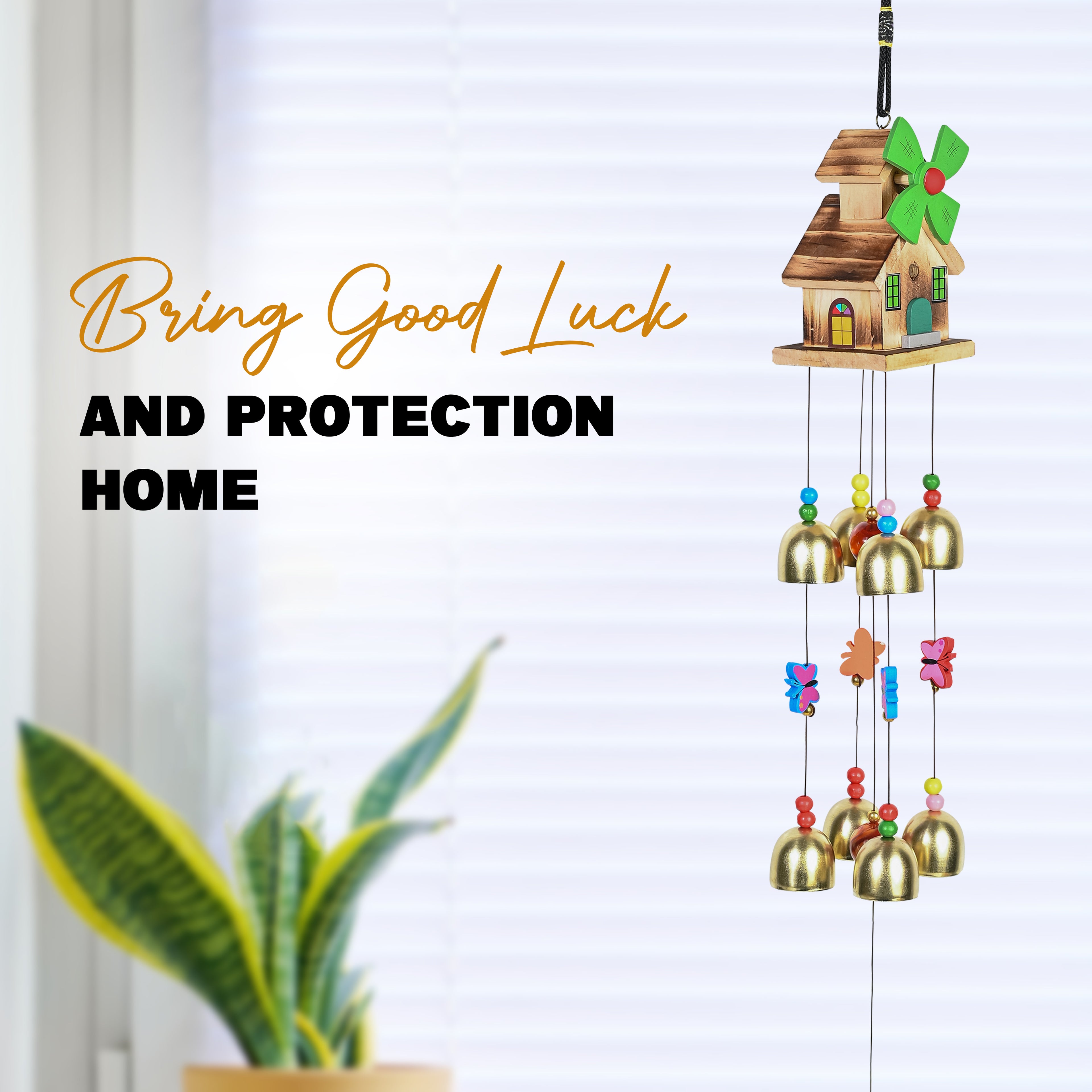 HindCraft Wooden House Wind Chime with 9 Brass Bells for Home Decor