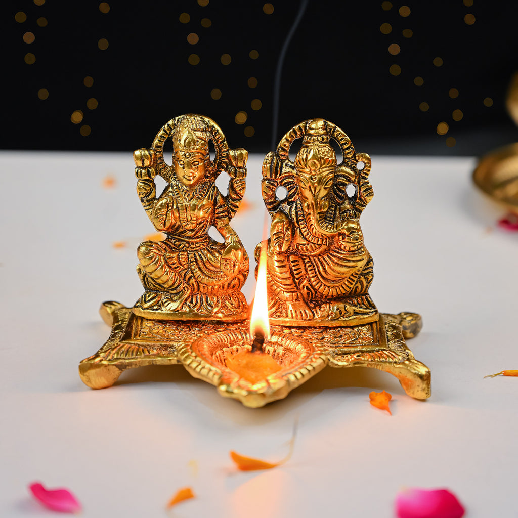 HindCraft Metal Laxmi Ganesh Idol with Diya for Puja, Mandir & Home Décor