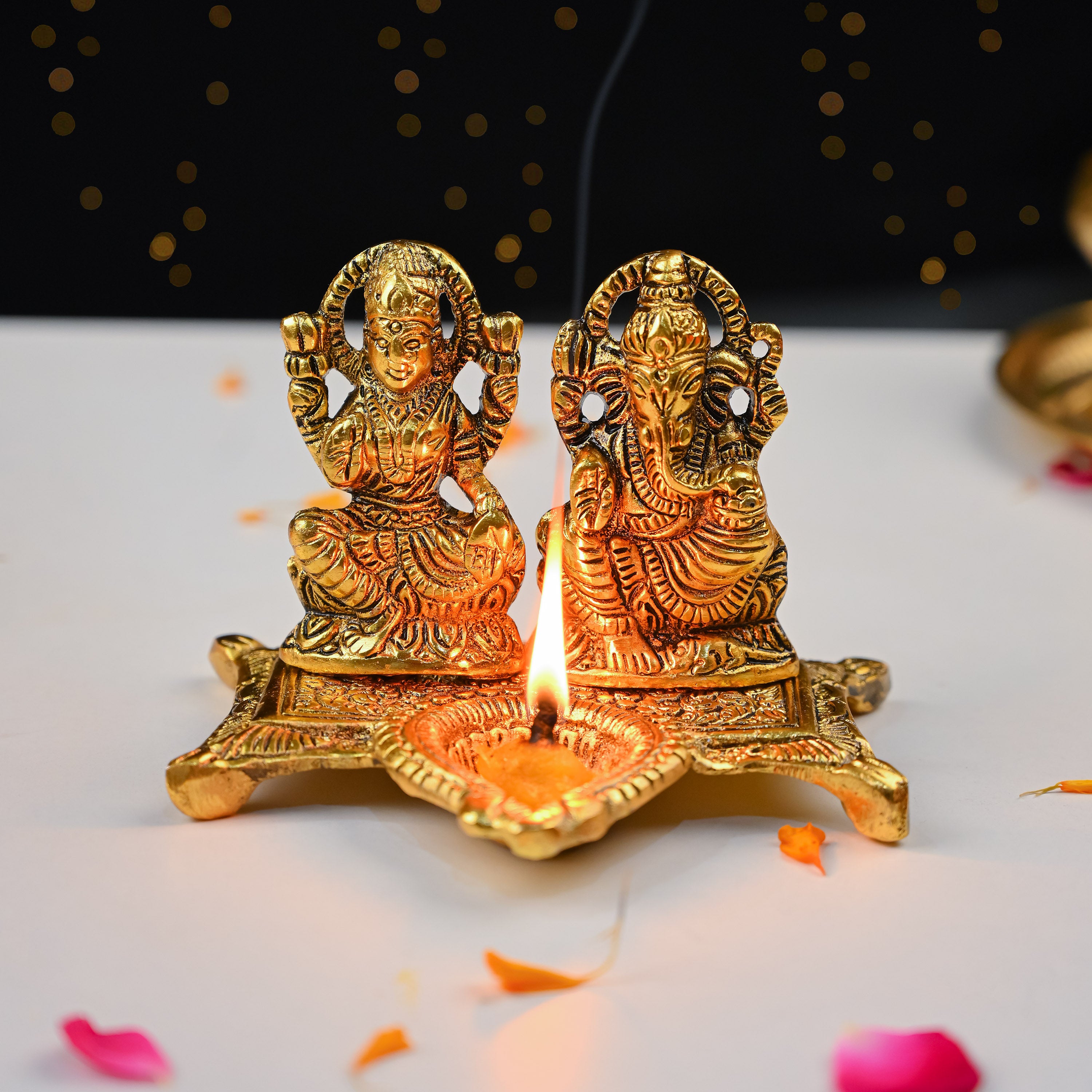 HindCraft Metal Laxmi Ganesh Idol with Diya for Puja, Mandir & Home Décor