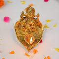 HindCraft Metal Lord Ganesha Idol on Leaf with Diya for Home & Puja Décor