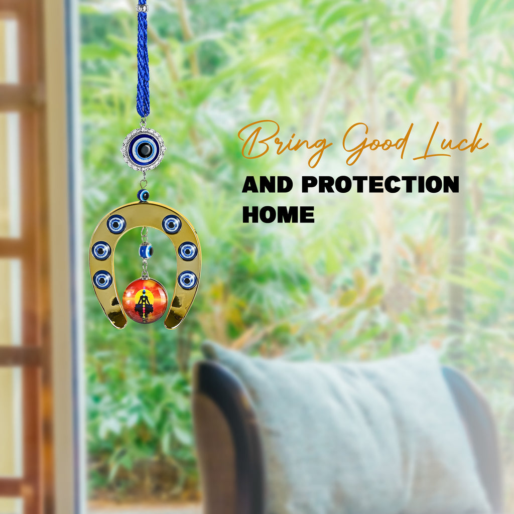 HindCraft Evil Eye Horseshoe Hanging with Meditation Charm for Home Entrance, Door, Wall & Office Décor