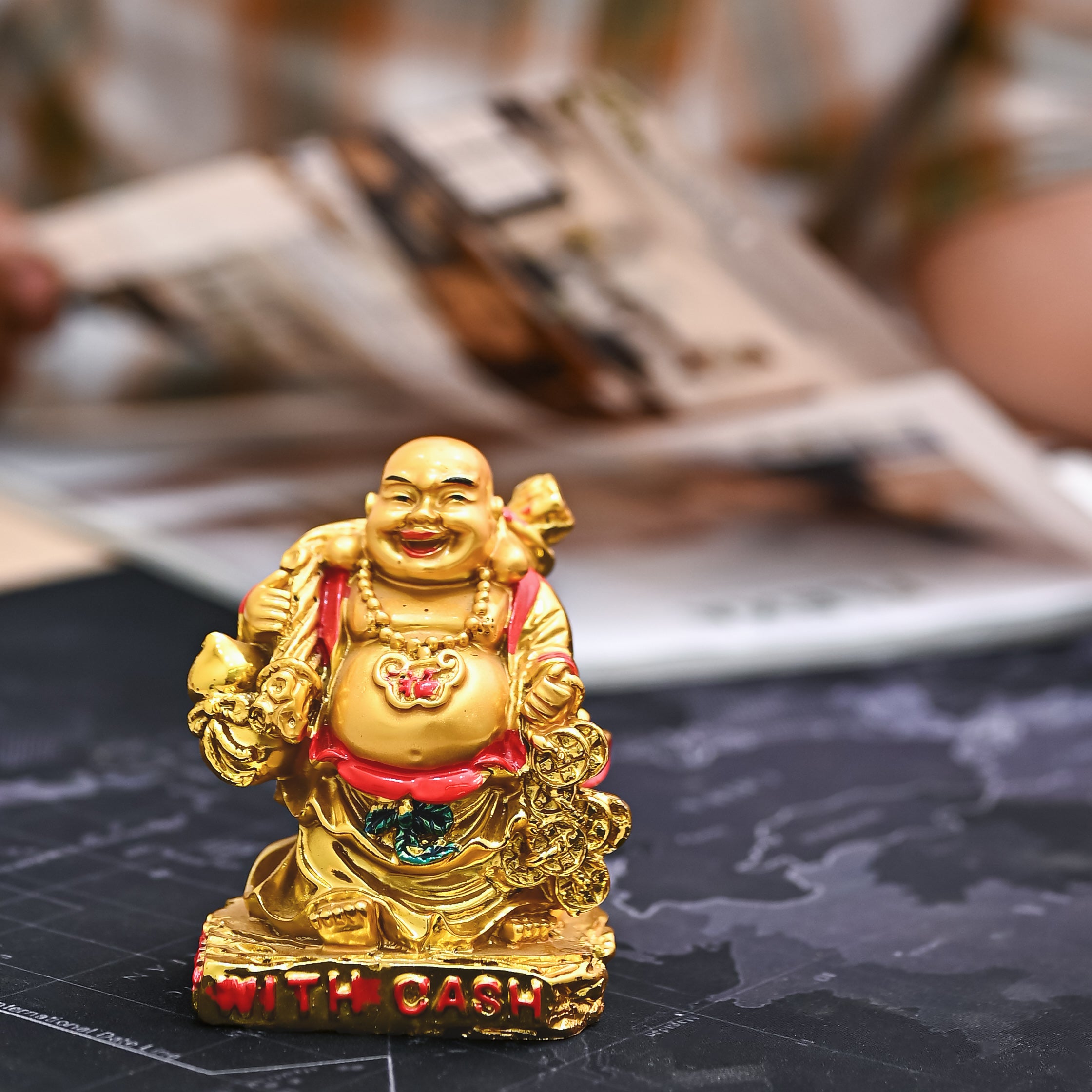 HindCraft Golden Laughing Buddha with Cash & Coins Showpiece for Home and Office Décor