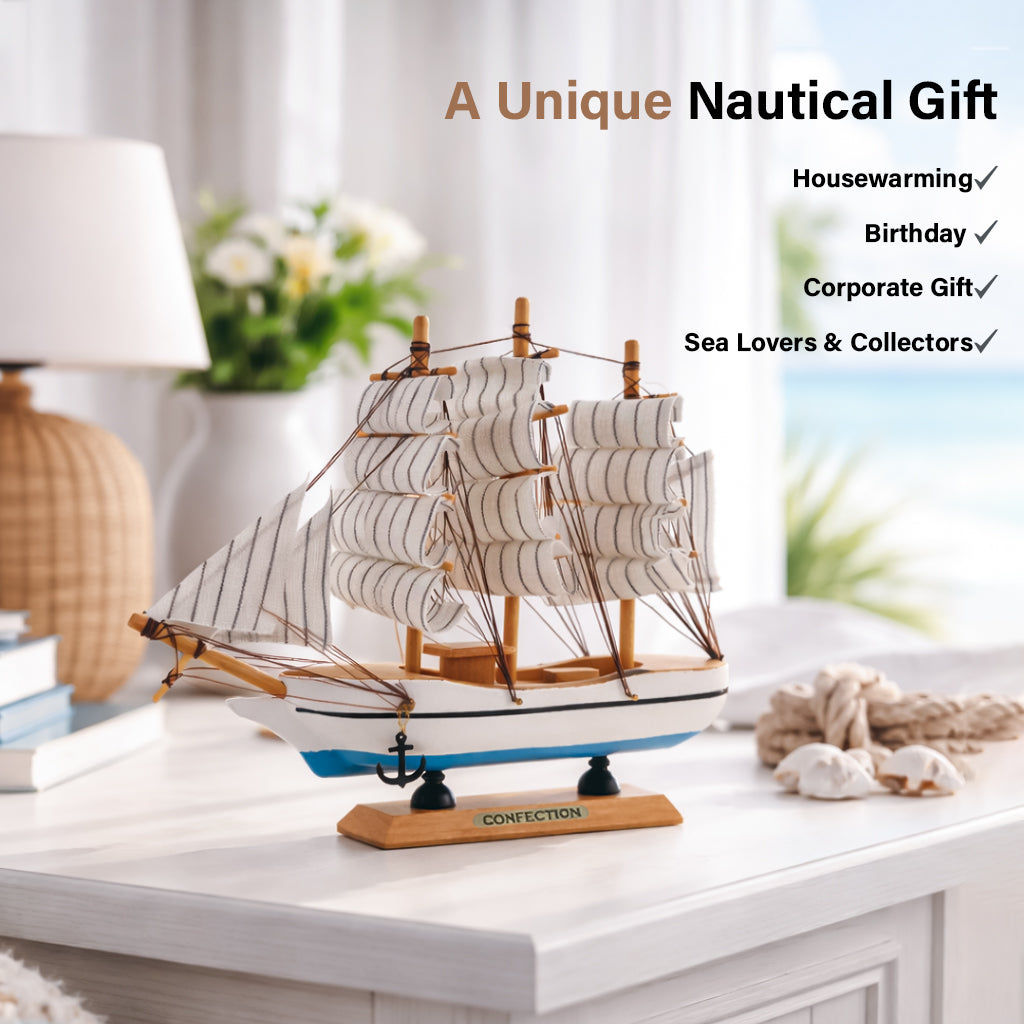 HindCraft Handmade Wooden Sailing Ship Model | Decorative Nautical Boat Showpiece for Home, Office Desk & Living Room Décor
