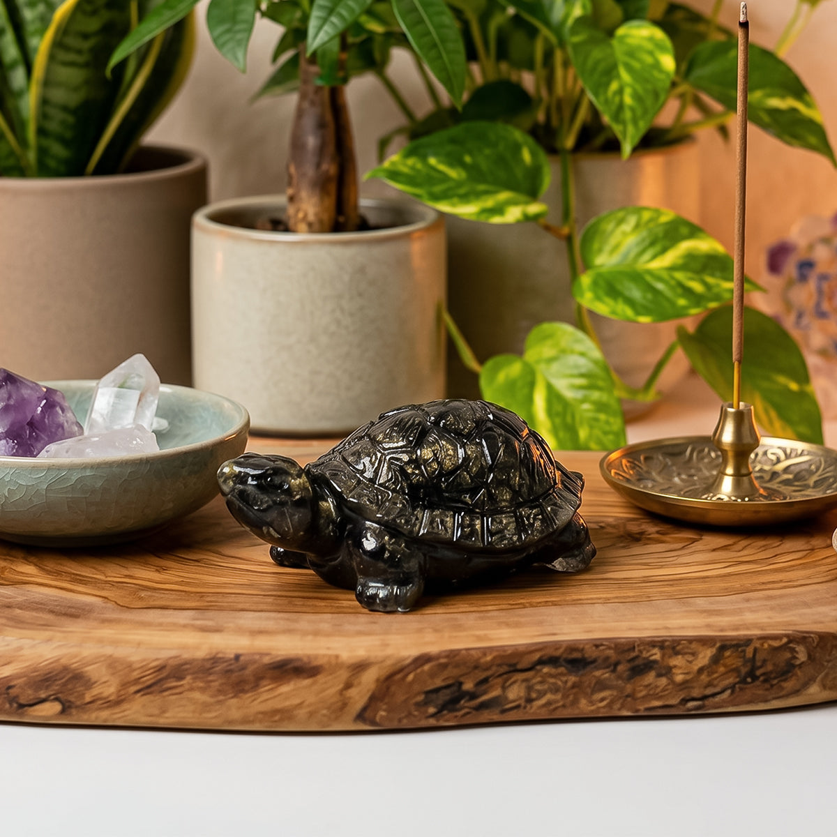 HindCraft Natural Pyrite Tortoise Showpiece | Crystal Turtle for Vastu, Feng Shui, Home & Office Decor