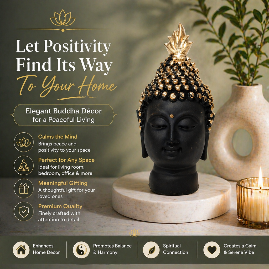 HindCraft Black Buddha Head Statue for Home Decor & Office Display