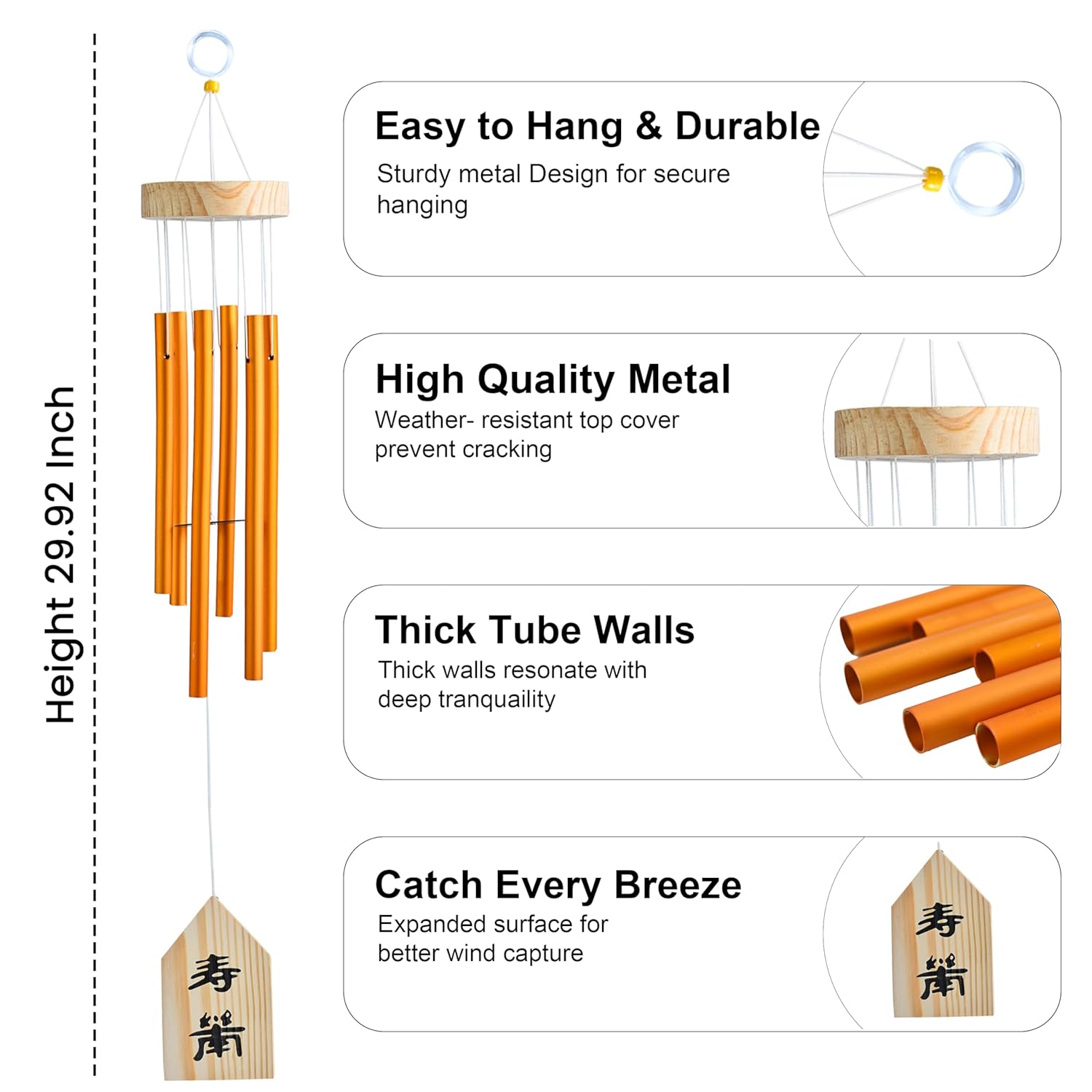 HindCraft Golden Metal Wind Chime with Wooden Top for Home & Garden Decor