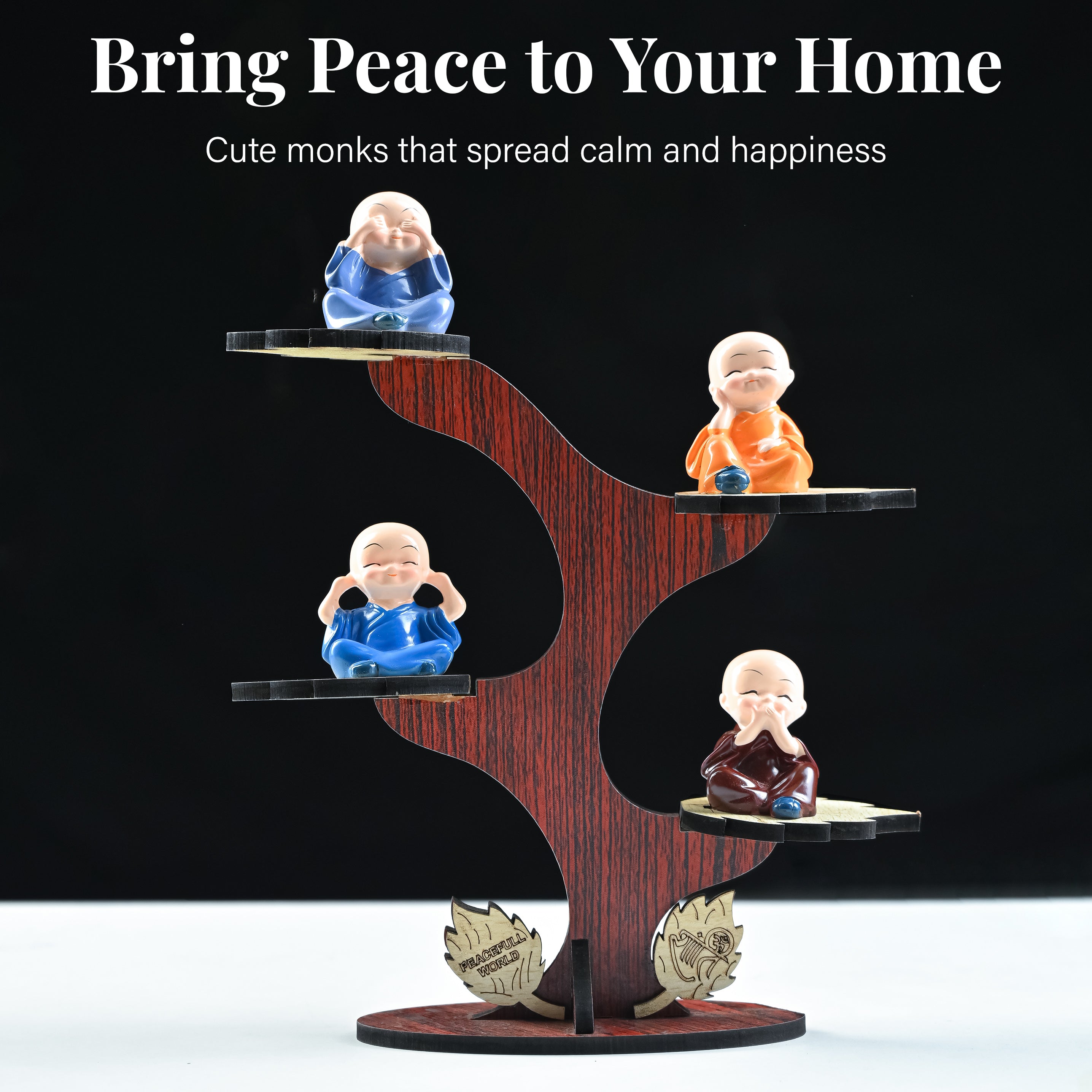 HindCraft 4 Monk Figurine Tree Showpiece with Wooden Stand for Home, Office Desk & Tabletop Décor