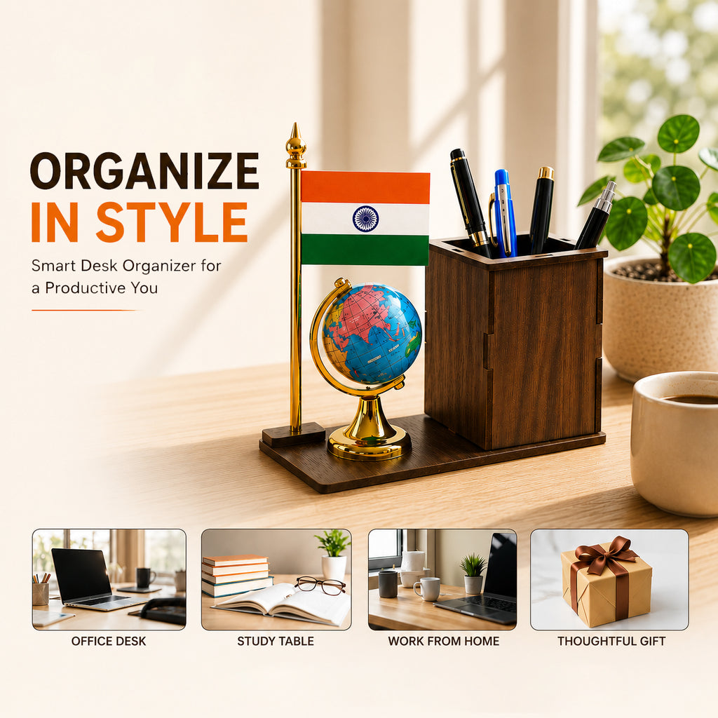 HindCraft Wooden Pen Stand with Indian Flag & Mini Globe | Office Desk Organizer for Home, School & Study Table