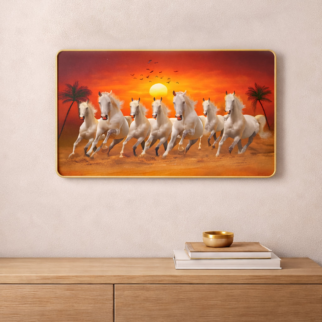 HindCraft 7 Running Horses Wall Frame | Vastu Lucky Seven White Horses Decorative Wall Art for Home, Office & Living Room