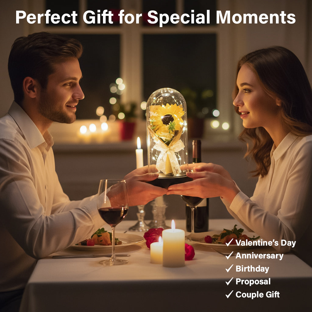 HindCraft Artificial Sunflower Glass Dome with LED Lights for Home Décor & Gifting