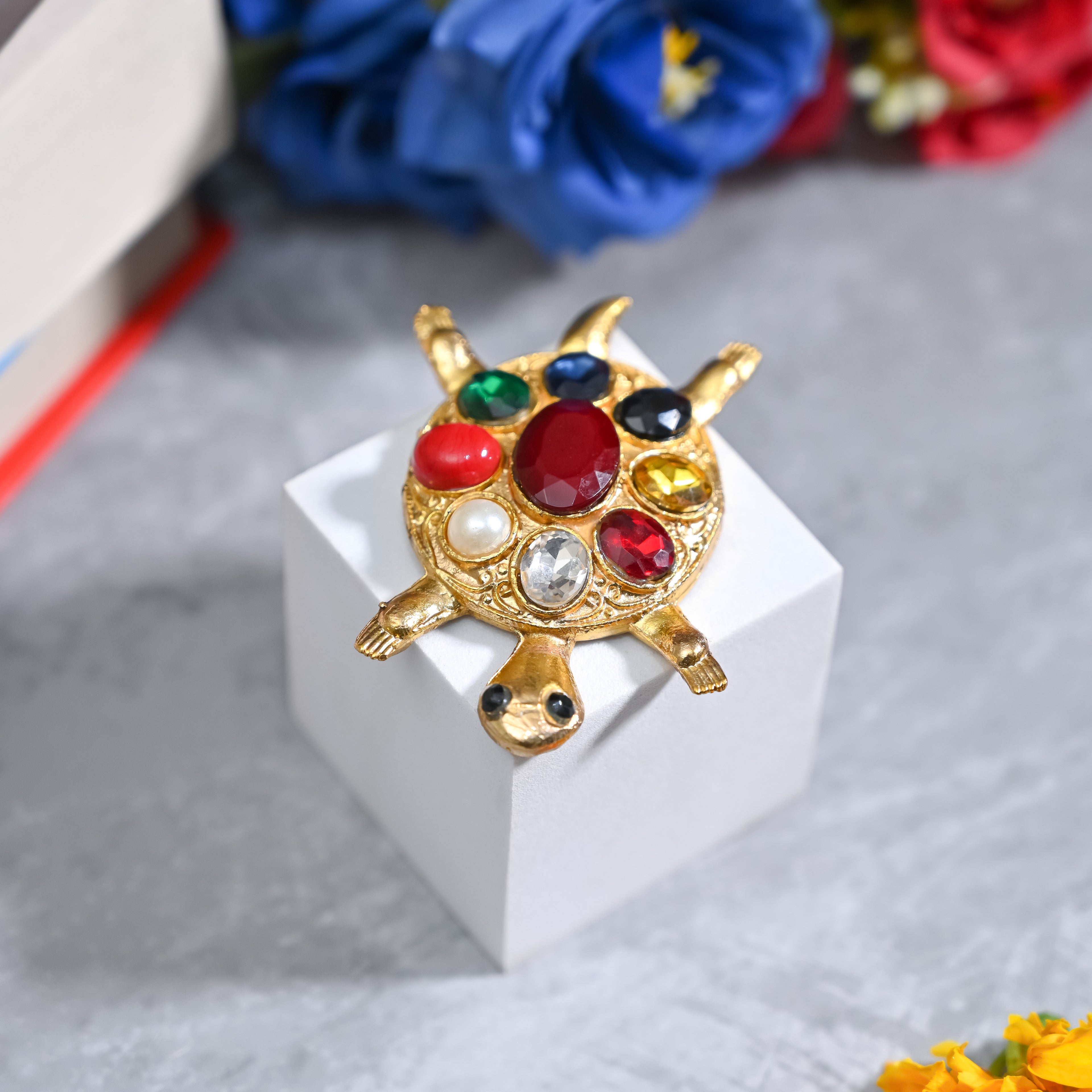 HindCraft Navratna Tortoise Decorative Showpiece with Multicolour Gemstone Design for Home, Office & Gift