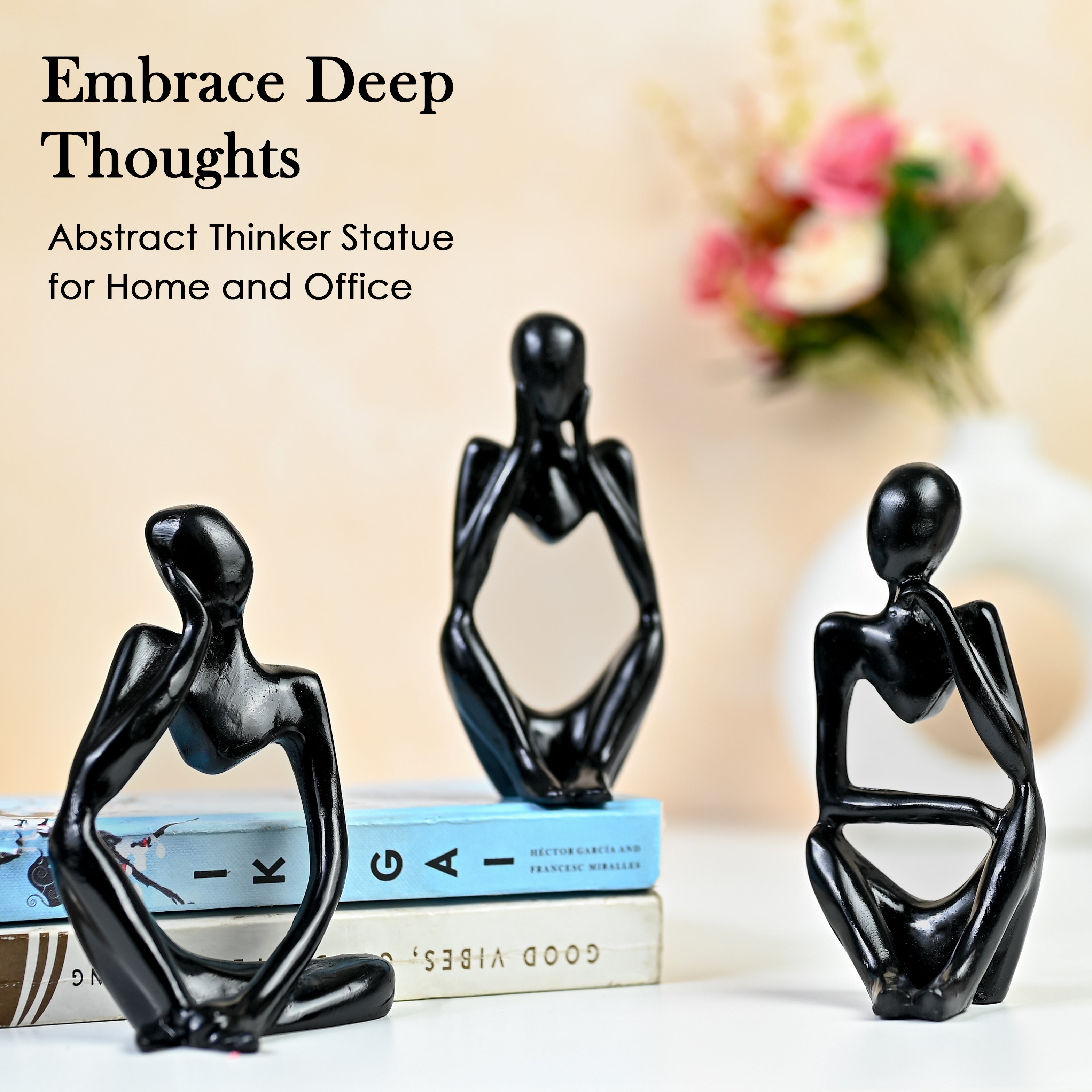 HindCraft Black Thinker Men Statue Set of 3 Modern Abstract Showpieces
