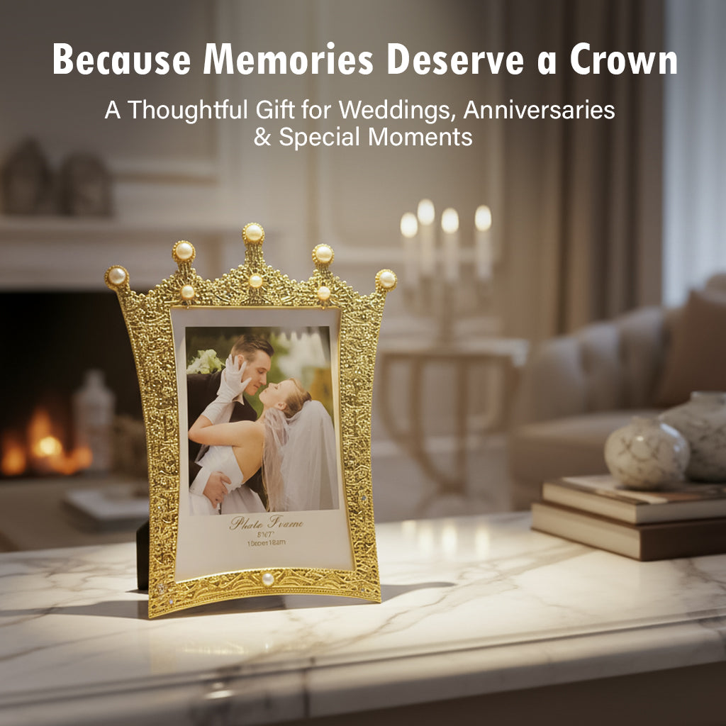 HindCraft Royal Crown Pearl Photo Frame | Luxury Golden Picture Frame for Wedding, Anniversary, Couple & Home Décor