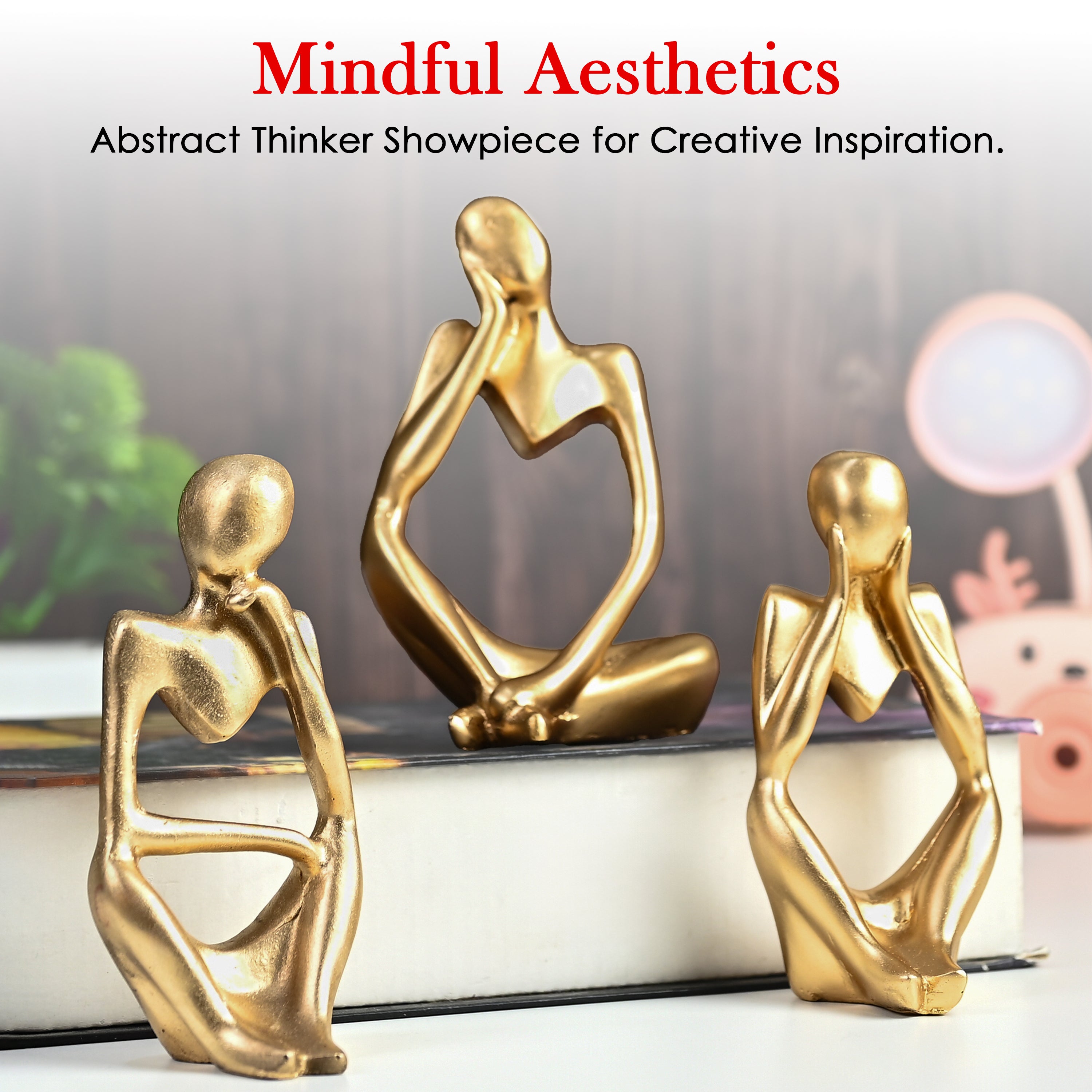 HindCraft Thinker Men Statue Set of 3 Golden Decorative Showpieces