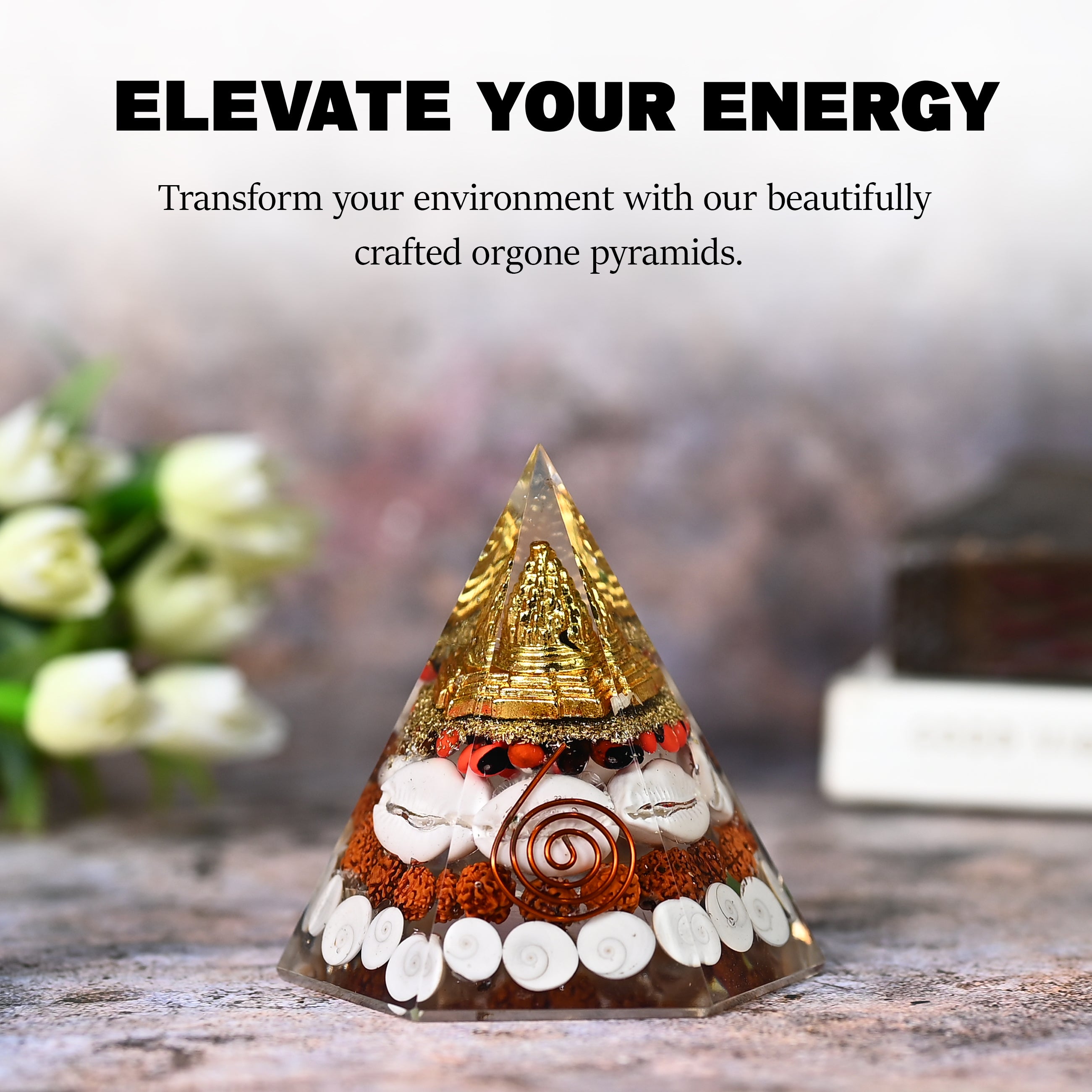HindCraft Lakshmi Shree Yantra Orgonite Pyramid with Gomti Chakra, Rudraksha, Kaudi Shells and Copper Coil for Vastu Home Décor