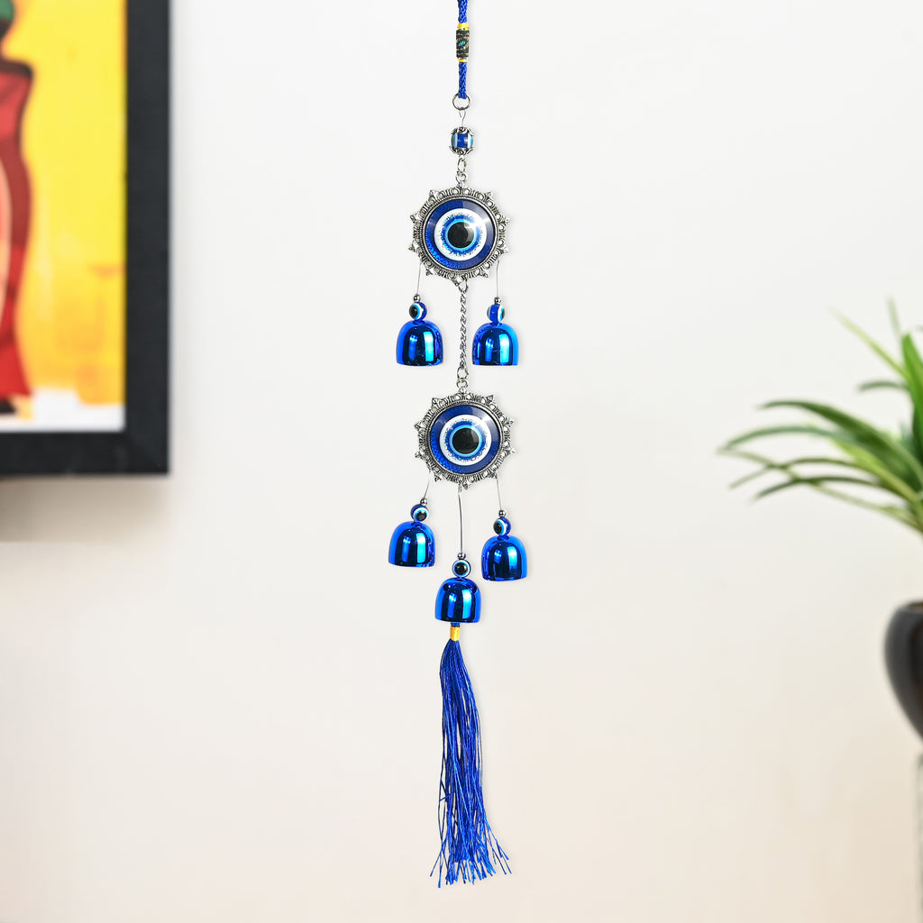 HindCraft Double Evil Eye Hanging with Blue Bells & Tassel | Turkish Nazar Wall & Door Decor