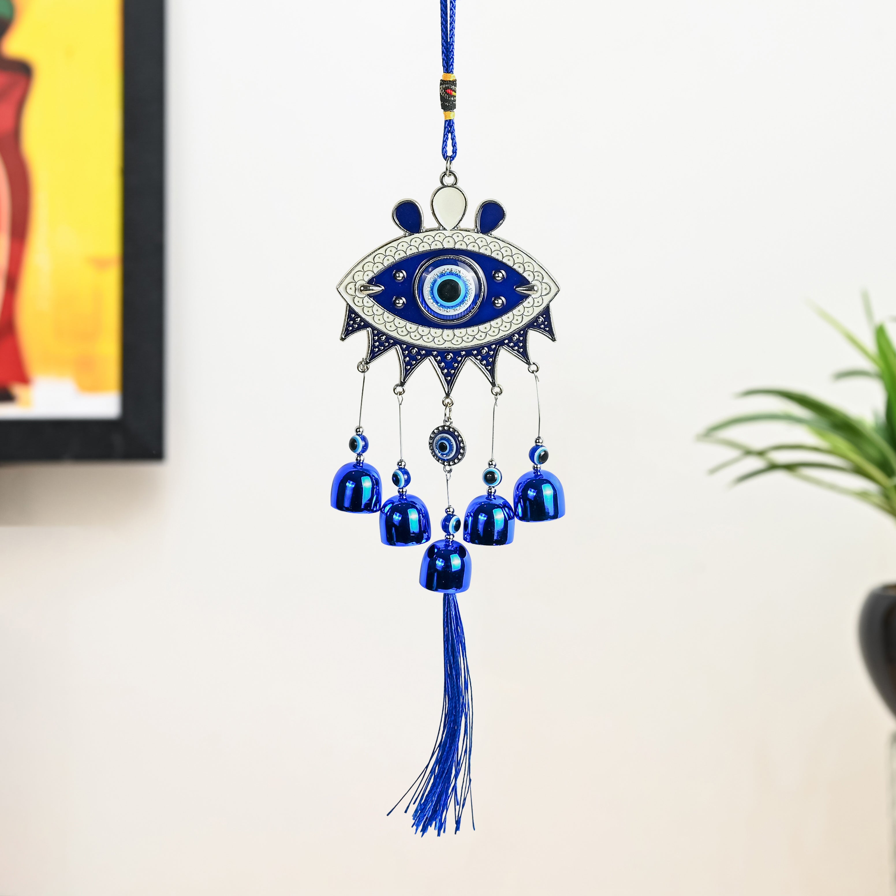 HindCraft Hamsa Evil Eye Hanging with Blue Bells & Tassel | Turkish Nazar Wall & Door Decor