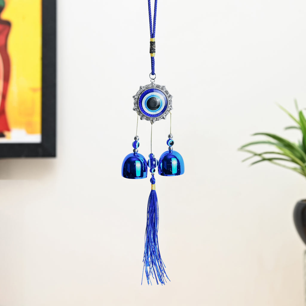 HindCraft Evil Eye Wind Chime Hanging with Blue Bells & Tassel for Home Entrance, Balcony, Door & Wall Décor