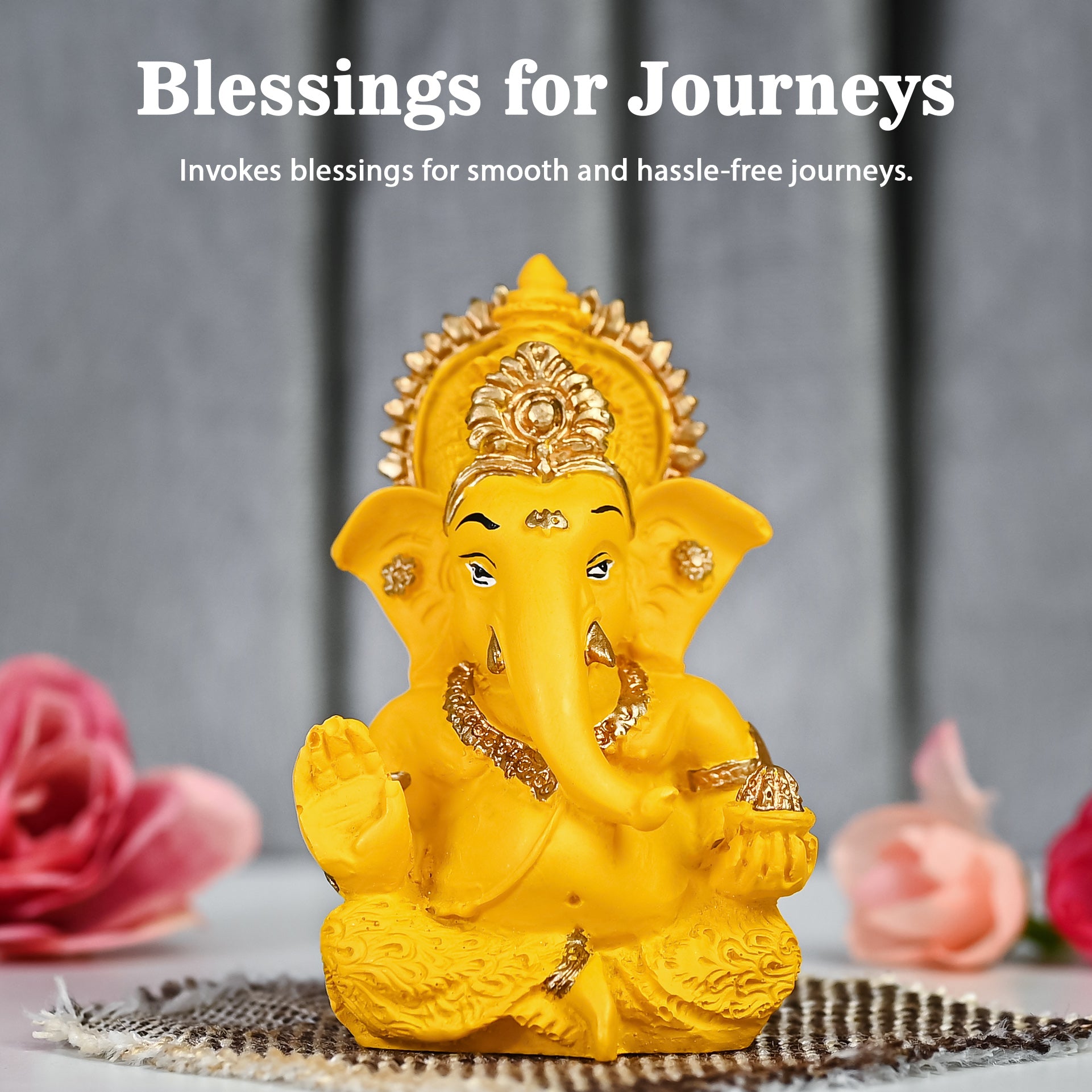 HindCraft Yellow Ganesha Idol with Golden Detailing for Car Dashboard, Home Temple, Office Desk & Gifting