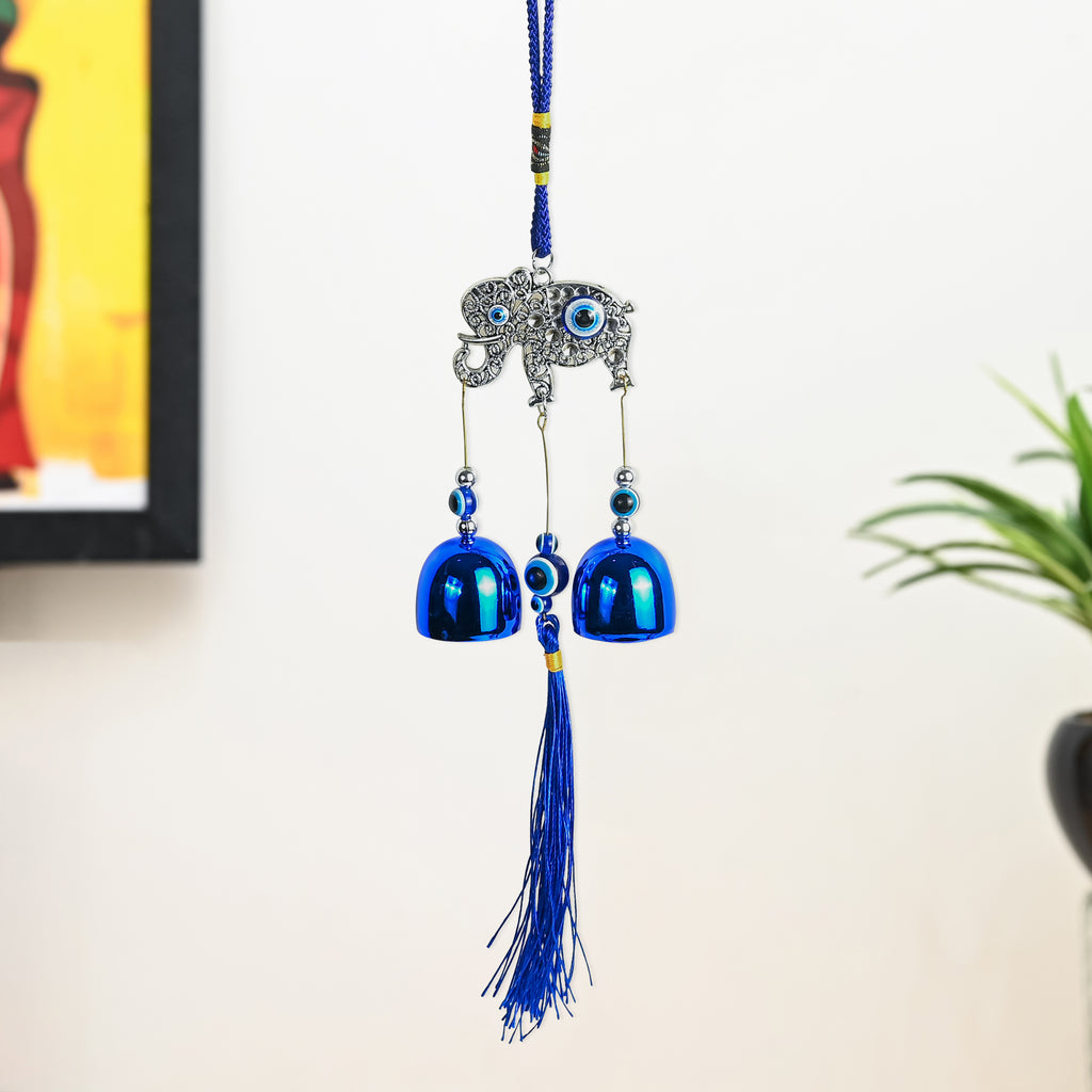 HindCraft Elephant Evil Eye Hanging with Blue Bells & Tassel | Turkish Nazar Wall & Door Decor