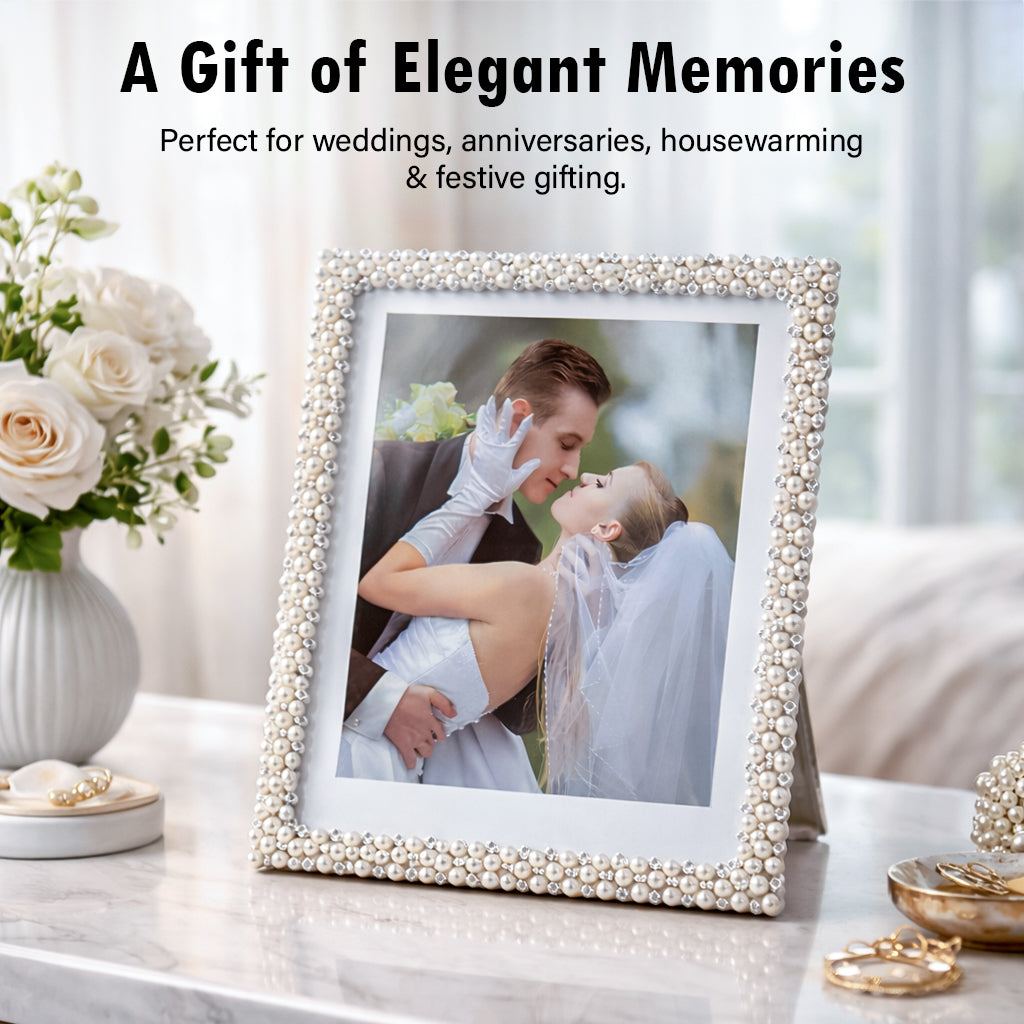 HindCraft Pearl Beaded Square Photo Frame | Elegant Decorative Picture Frame for Wedding, Anniversary, Couple & Family Photos | Tabletop Home Décor