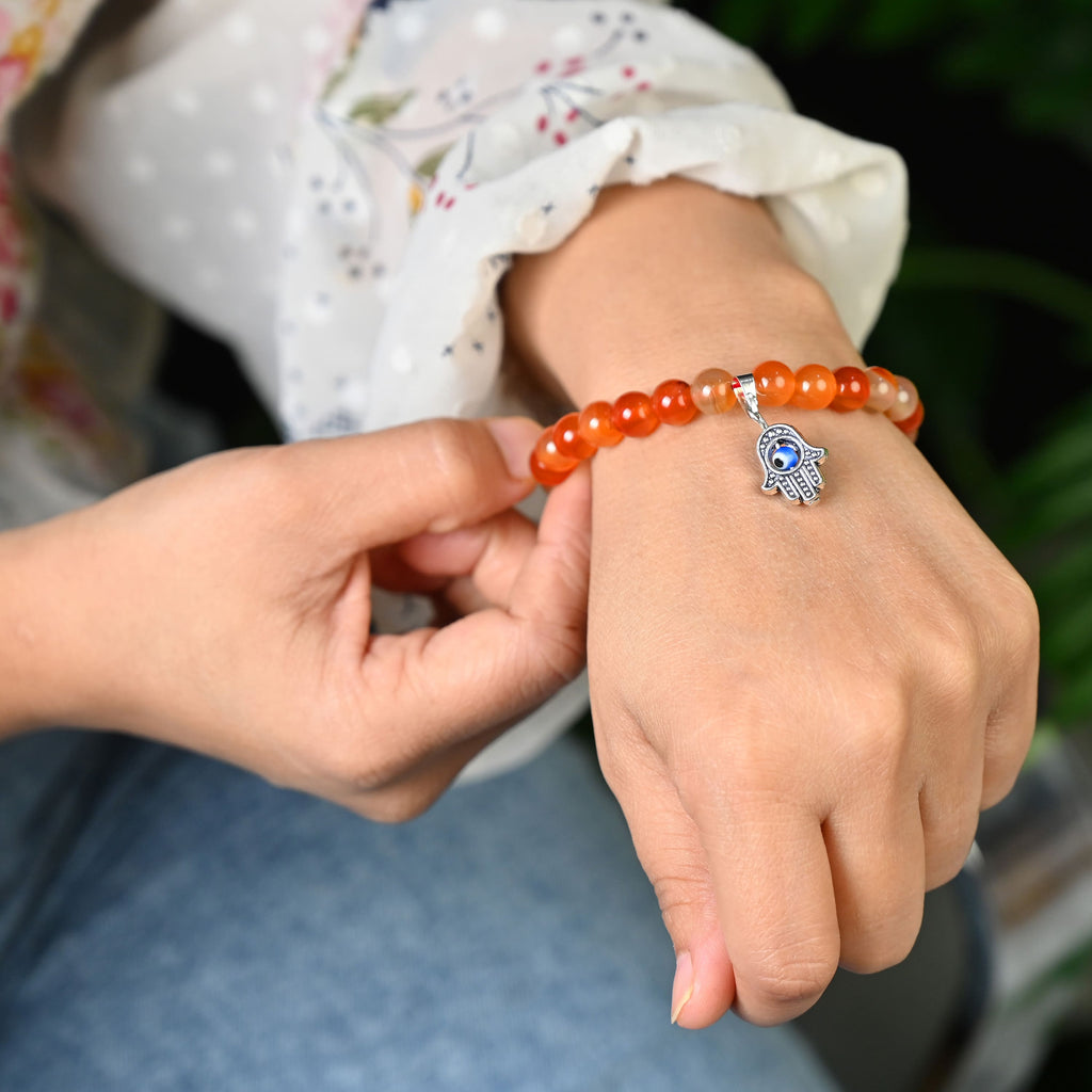 HindCraft Carnelian Evil Eye Bracelet with Hamsa Charm for Energy