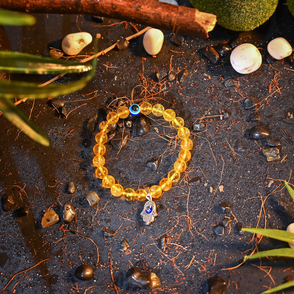 HindCraft Citrine Evil Eye Bracelet with Hamsa Charm for Prosperity