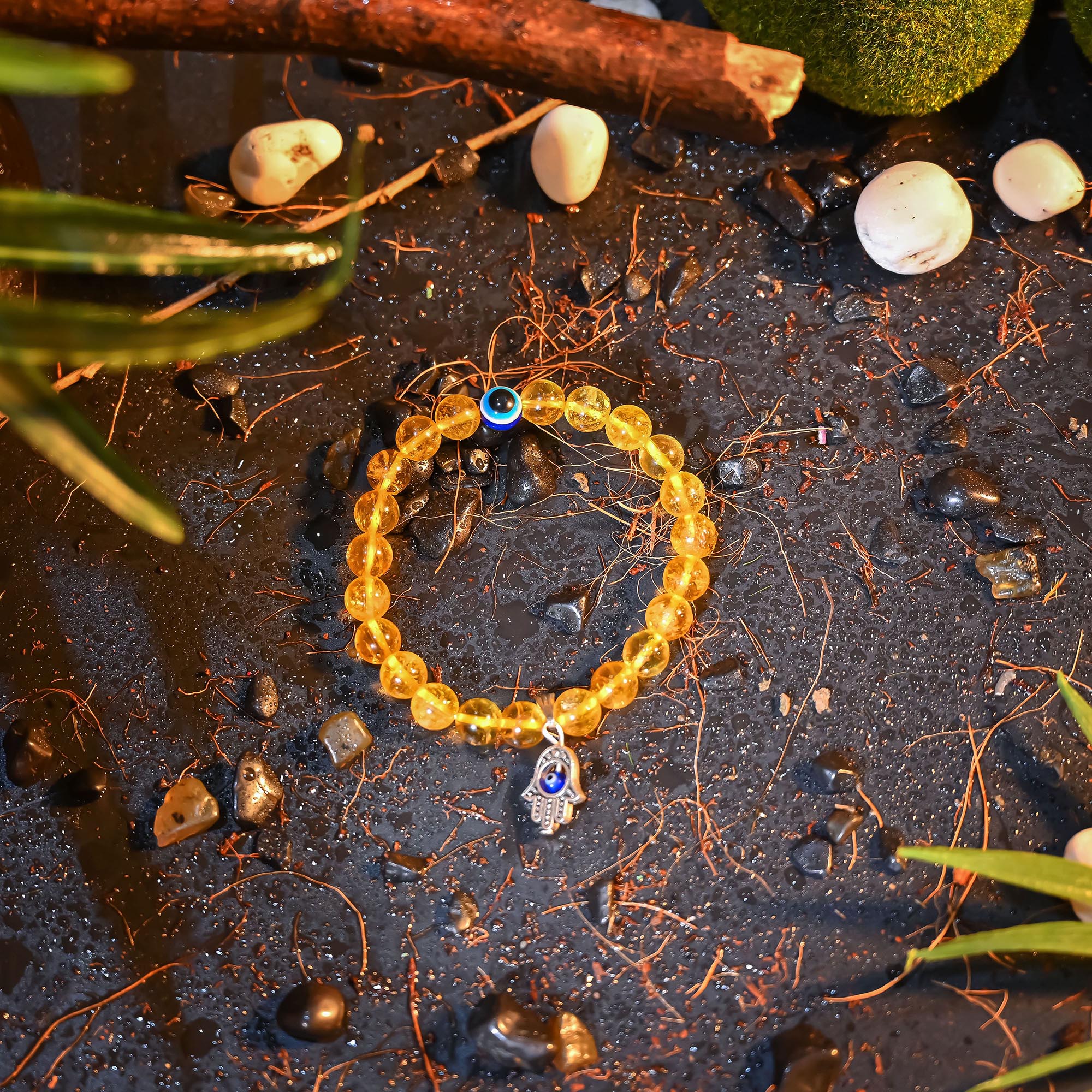 HindCraft Citrine Evil Eye Bracelet with Hamsa Charm for Prosperity