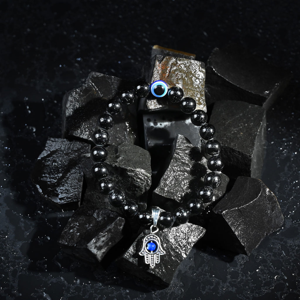 HindCraft Black Tourmaline Evil Eye Bracelet with Hamsa Protection