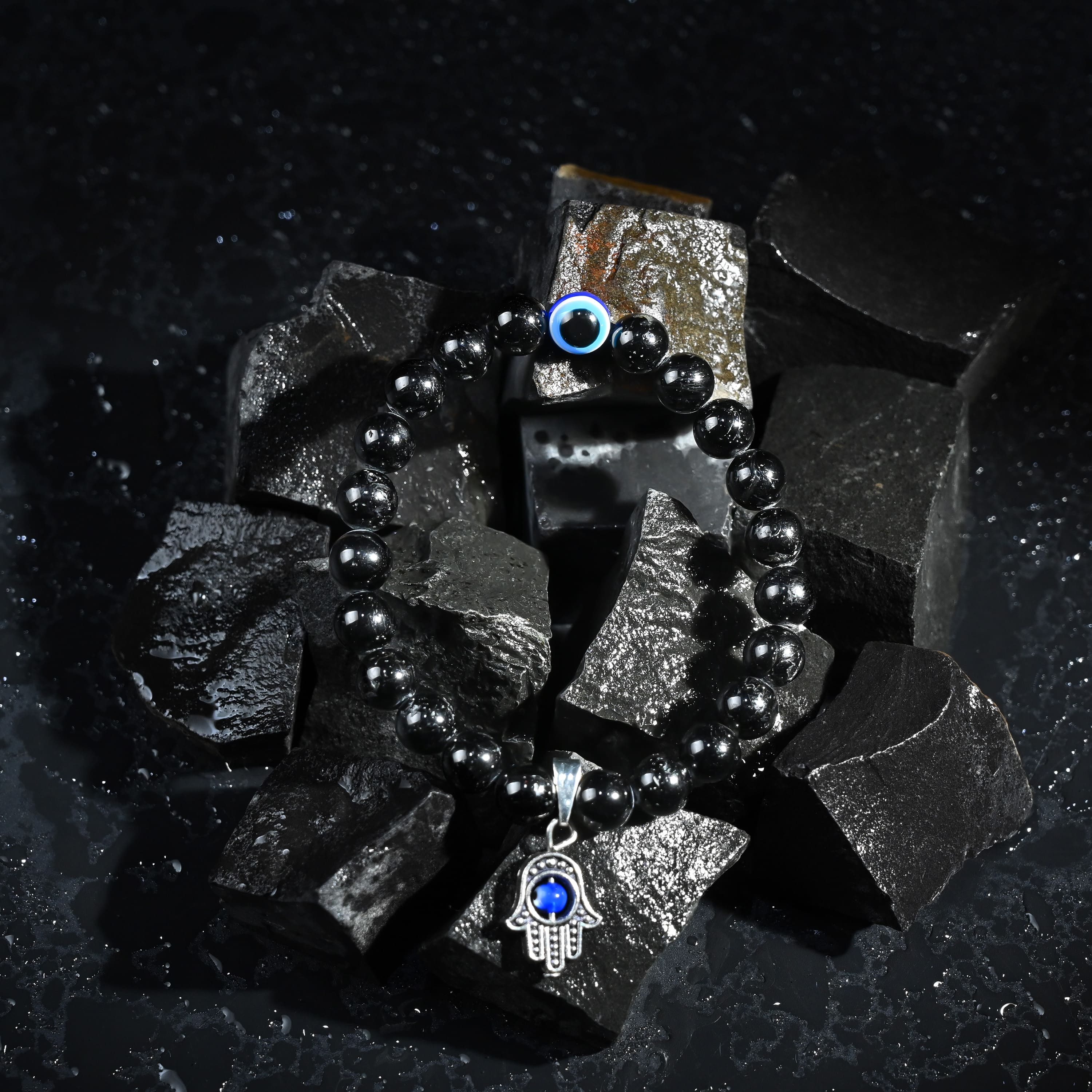 HindCraft Black Tourmaline Evil Eye Bracelet with Hamsa Protection