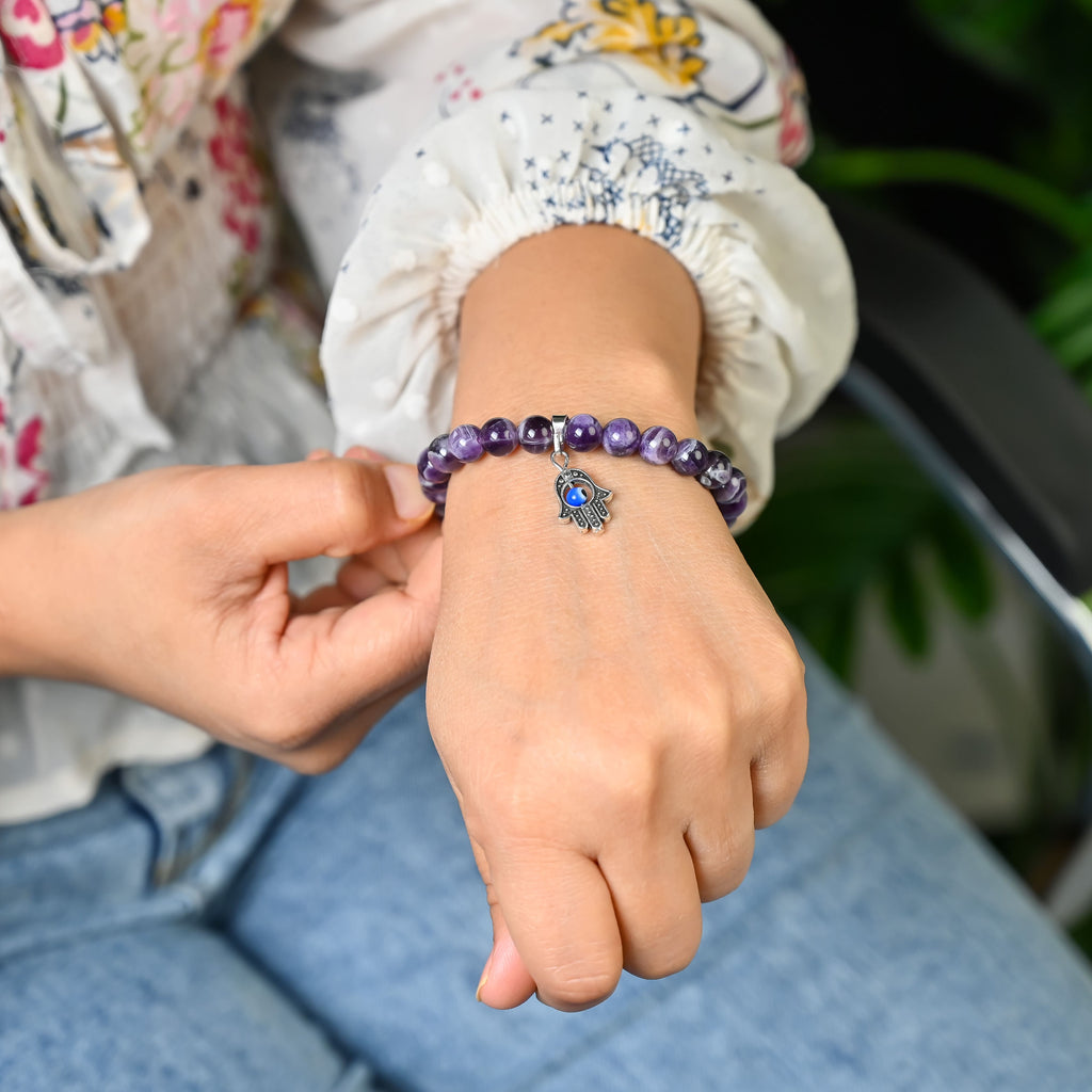 HindCraft Amethyst Evil Eye Bracelet with Hamsa Charm for Balance