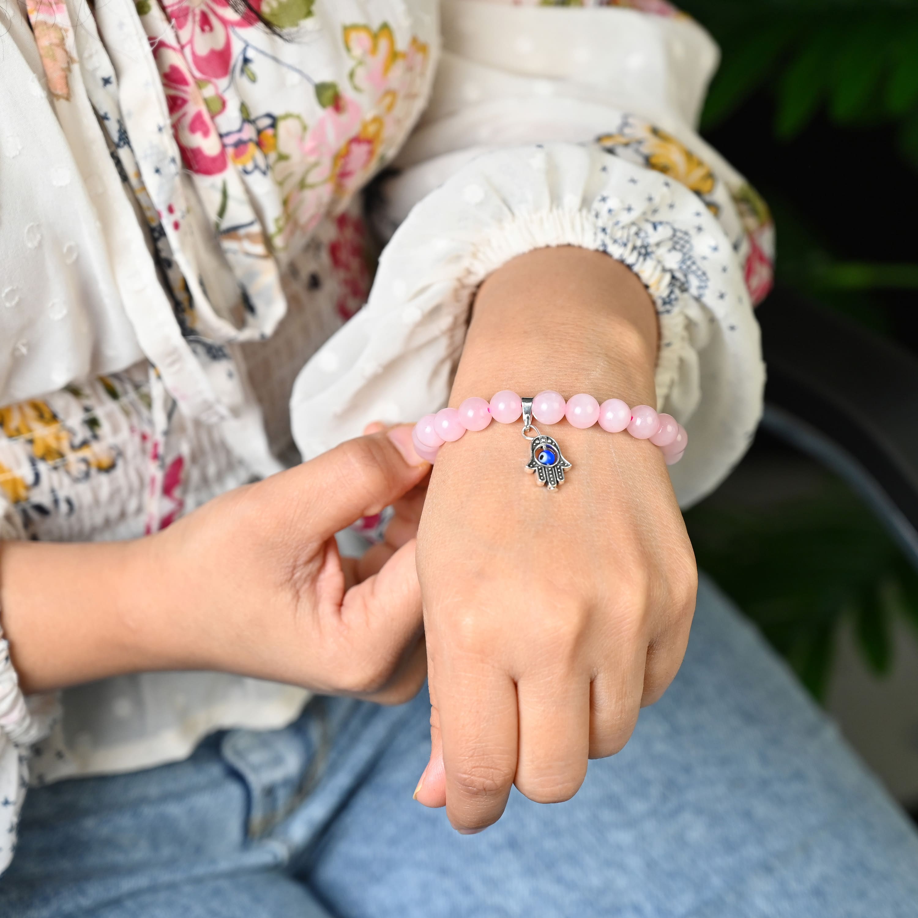 HindCraft Rose Quartz Evil Eye Bracelet with Hamsa Charm for Women