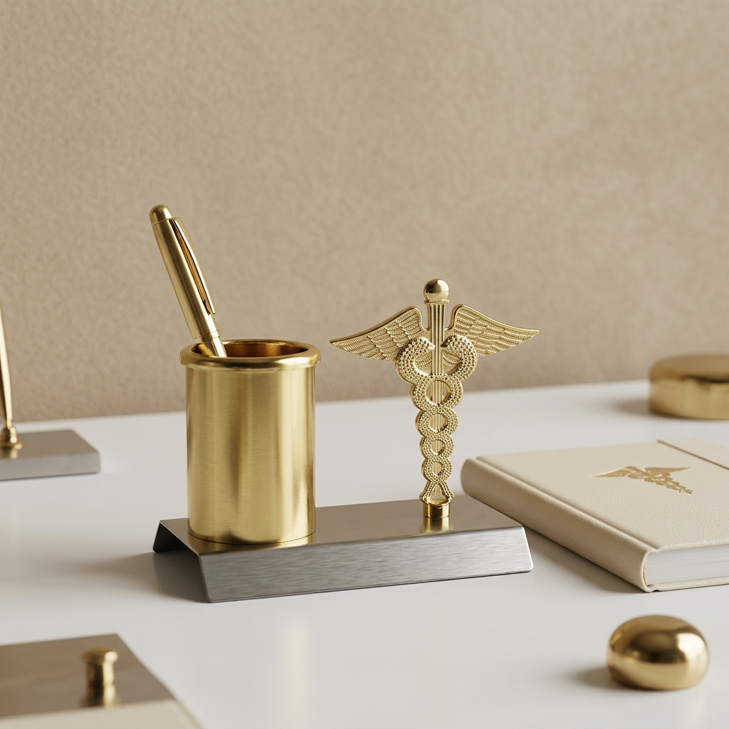 HindCraft Medical Caduceus Pen Stand for Desk | Gold Metal Doctor Pen Holder & Office Desk Organizer