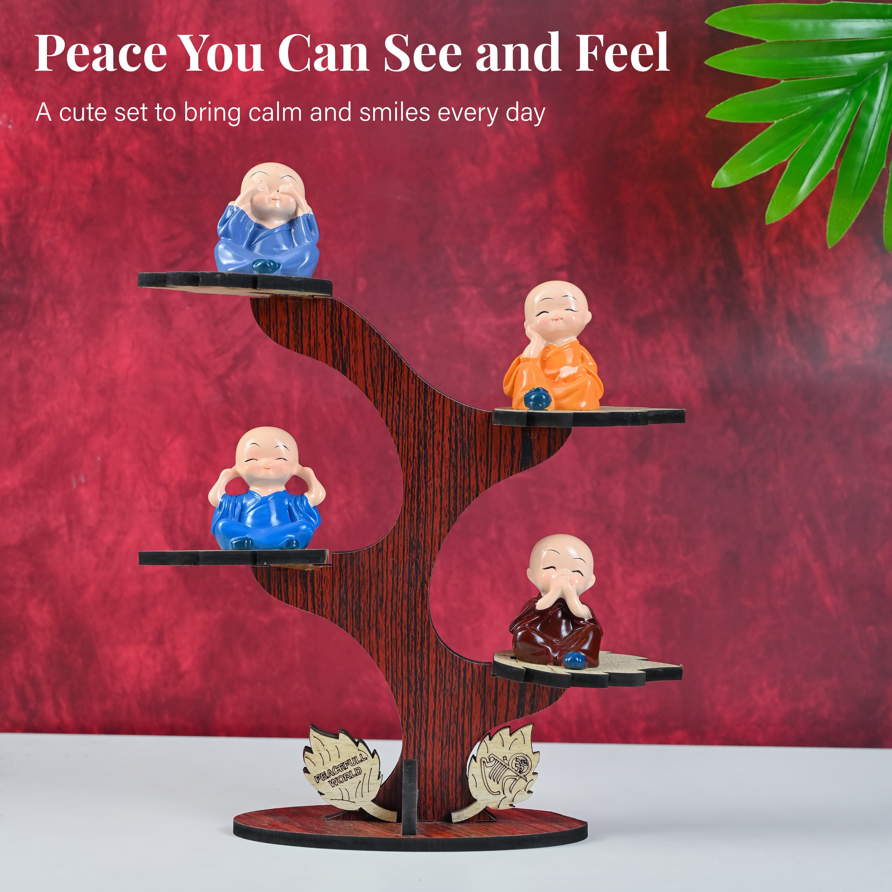 HindCraft 4 Monk Figurine Tree Showpiece with Wooden Stand for Home, Office Desk & Tabletop Décor