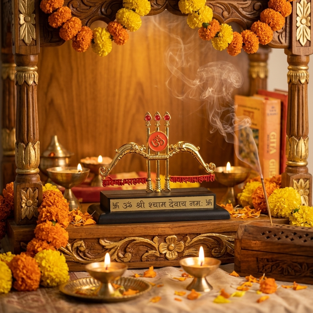 HindCraft Khatu Shyam Dhanush Baan Showpiece with Om Symbol for Car Dashboard, Home Temple & Office Desk Décor