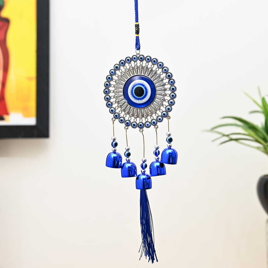 HindCraft Evil Eye Hanging Wall Decor with Blue Bells & Tassel | Turkish Nazar Protection Hanging Ornament for Home, Office, Door & Car
