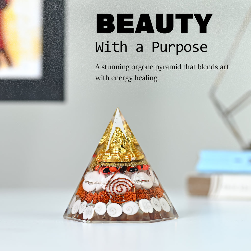 HindCraft Lakshmi Shree Yantra Orgonite Pyramid with Gomti Chakra, Rudraksha, Kaudi Shells and Copper Coil for Vastu Home Décor