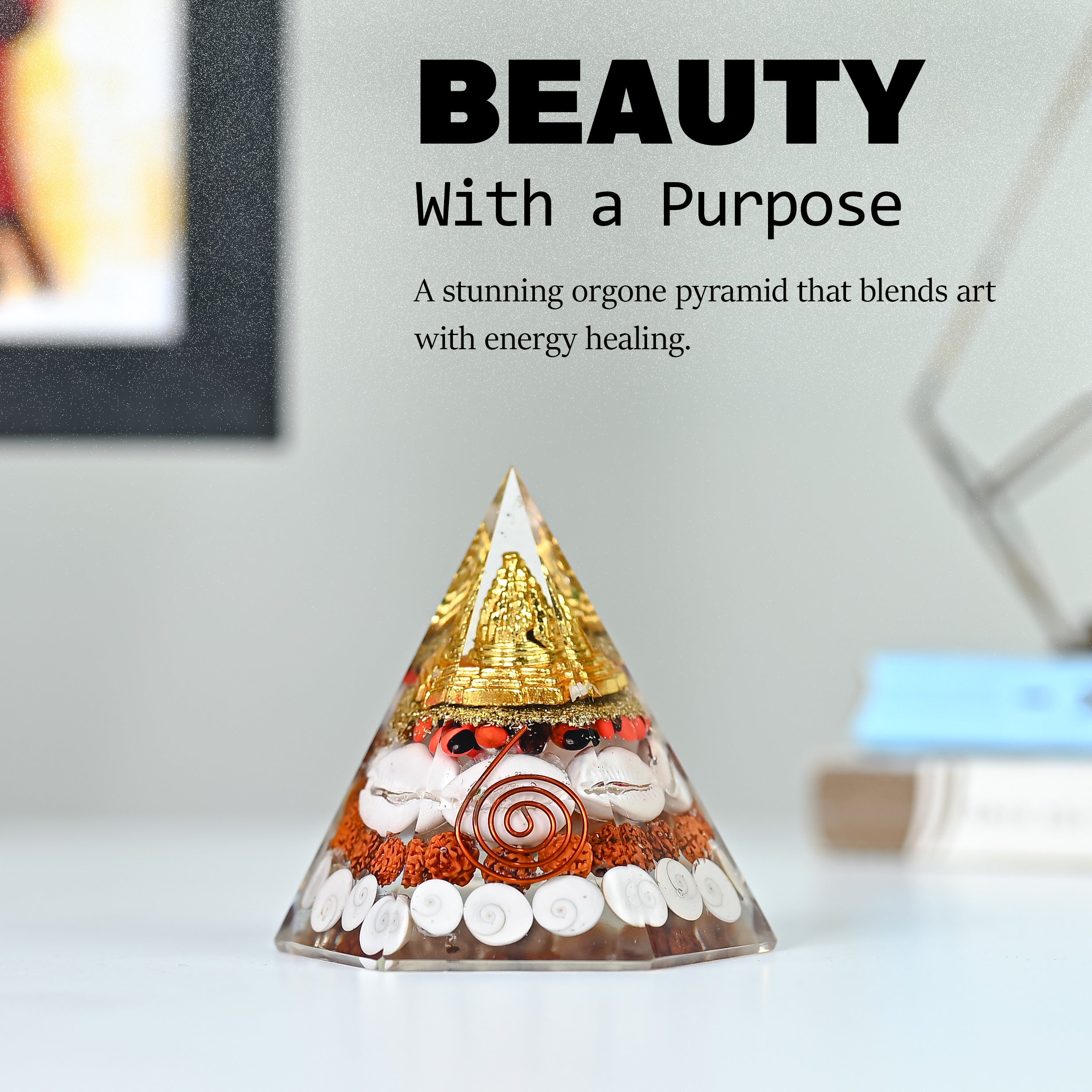 HindCraft Lakshmi Shree Yantra Orgonite Pyramid with Gomti Chakra, Rudraksha, Kaudi Shells and Copper Coil for Vastu Home Décor