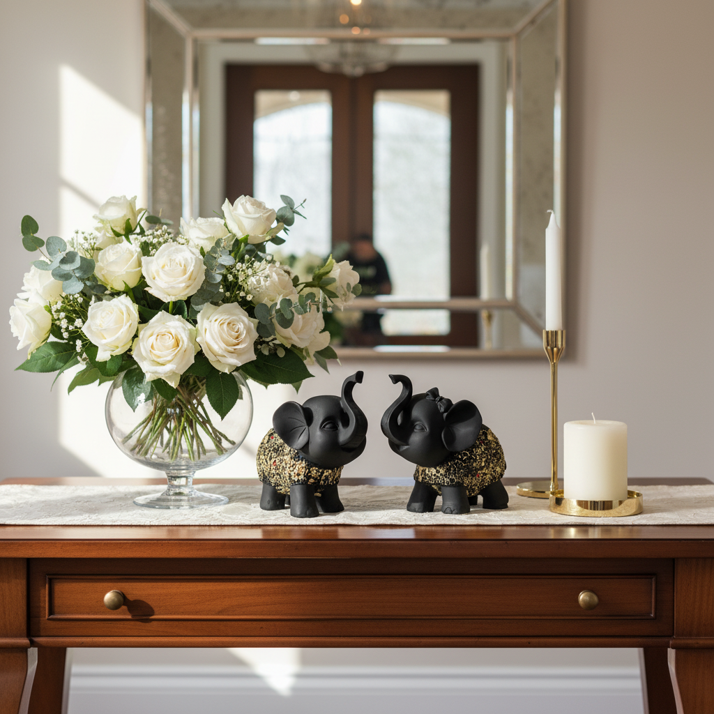 HindCraft Black Elephant Showpiece Set of 2 | Decorative Elephant Figurines for Home, Office & Living Room Decor