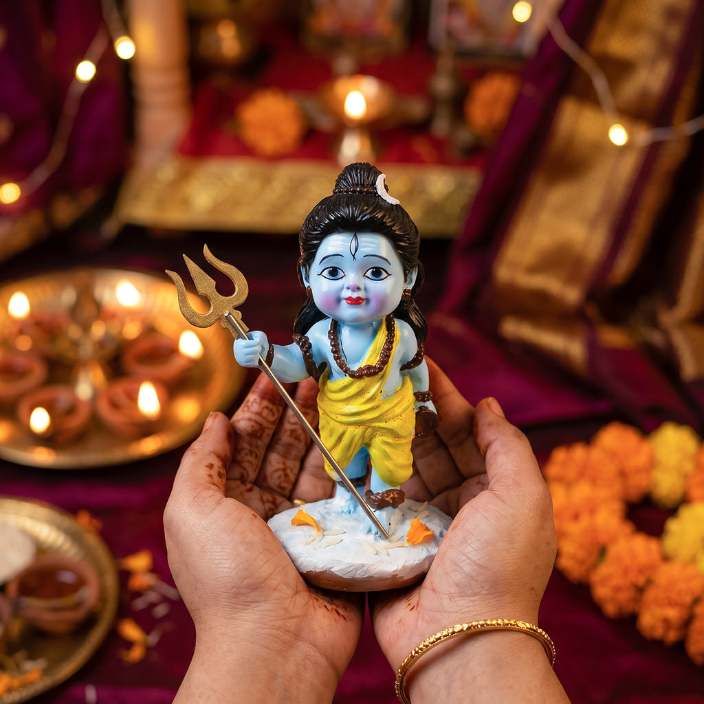 HindCraft Bal Shiv Idol with Trishul | Baby Lord Shiva Resin Showpiece for Home Temple, Office & Spiritual Décor