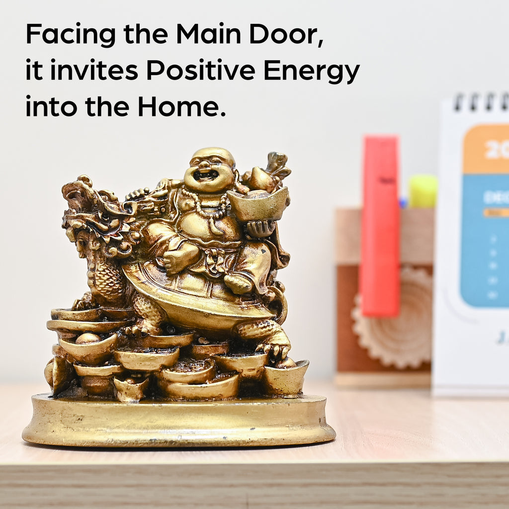 HindCraft Golden Laughing Buddha on Dragon Turtle with Wealth Ingots for Home, Office, Shop & Business Décor