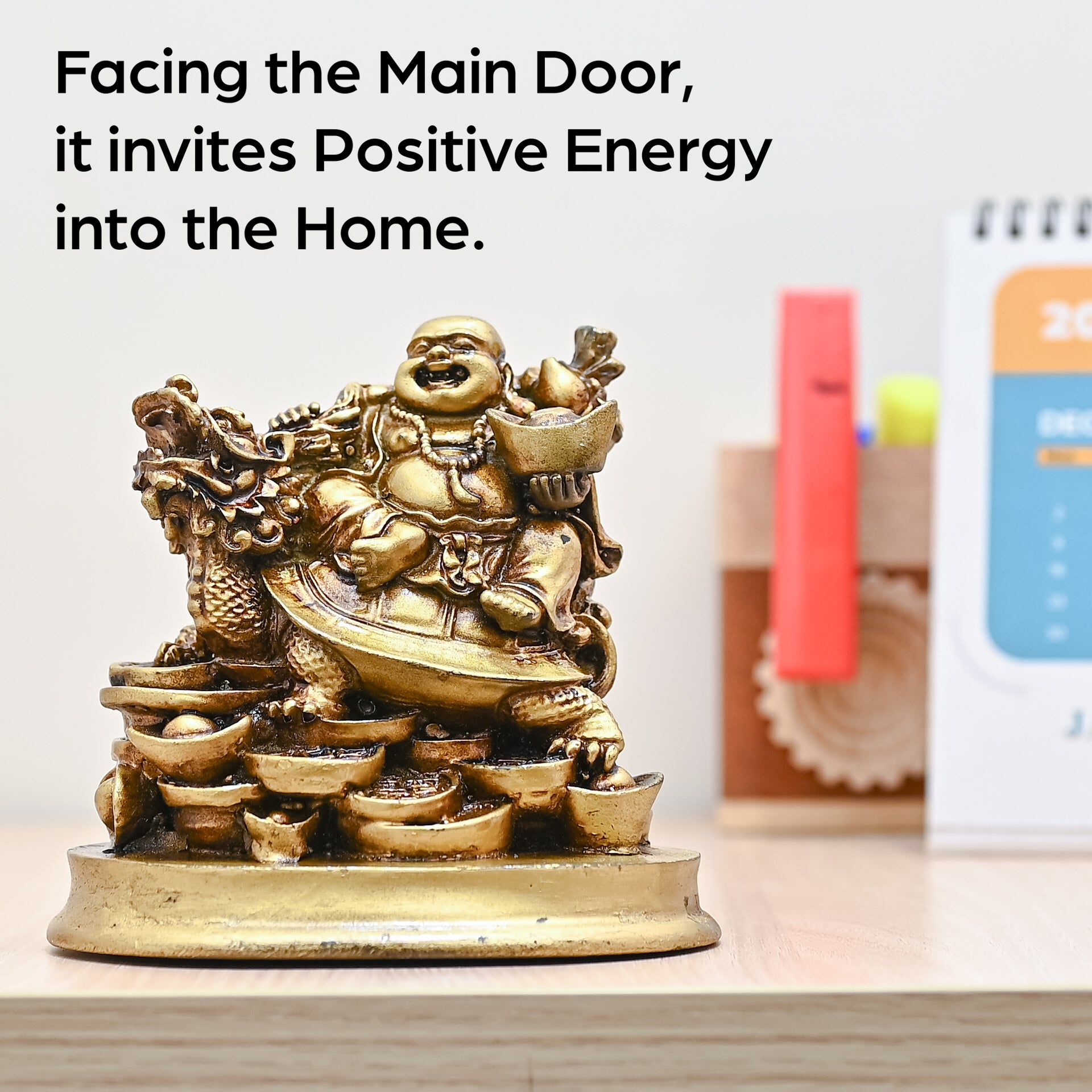 HindCraft Golden Laughing Buddha on Dragon Turtle with Wealth Ingots for Home, Office, Shop & Business Décor